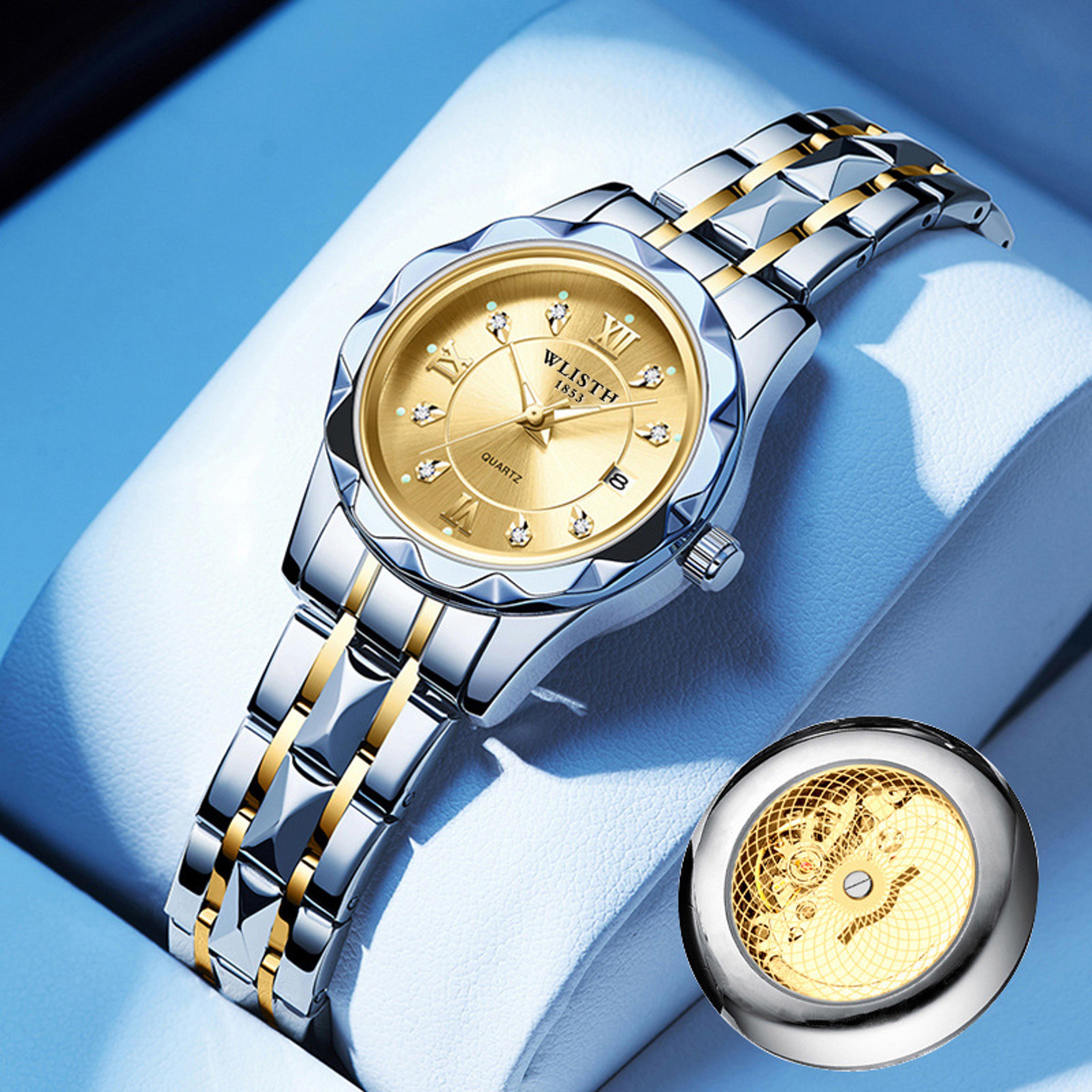 women gold quartz watch with date week display stainless steel waterproof wristwatch