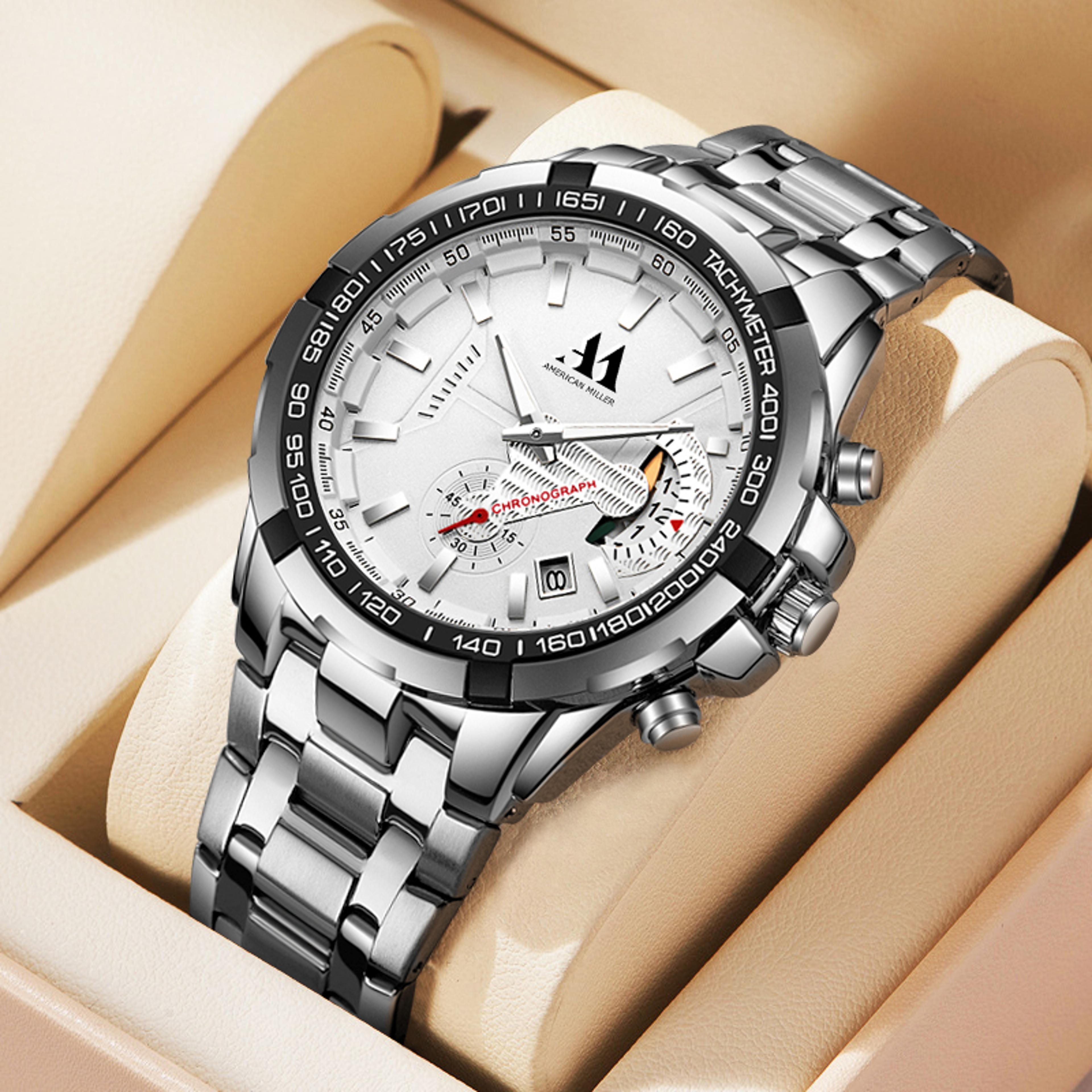 men quartz wristwatch with stainless steel band numberless dial waterproof casual sports style