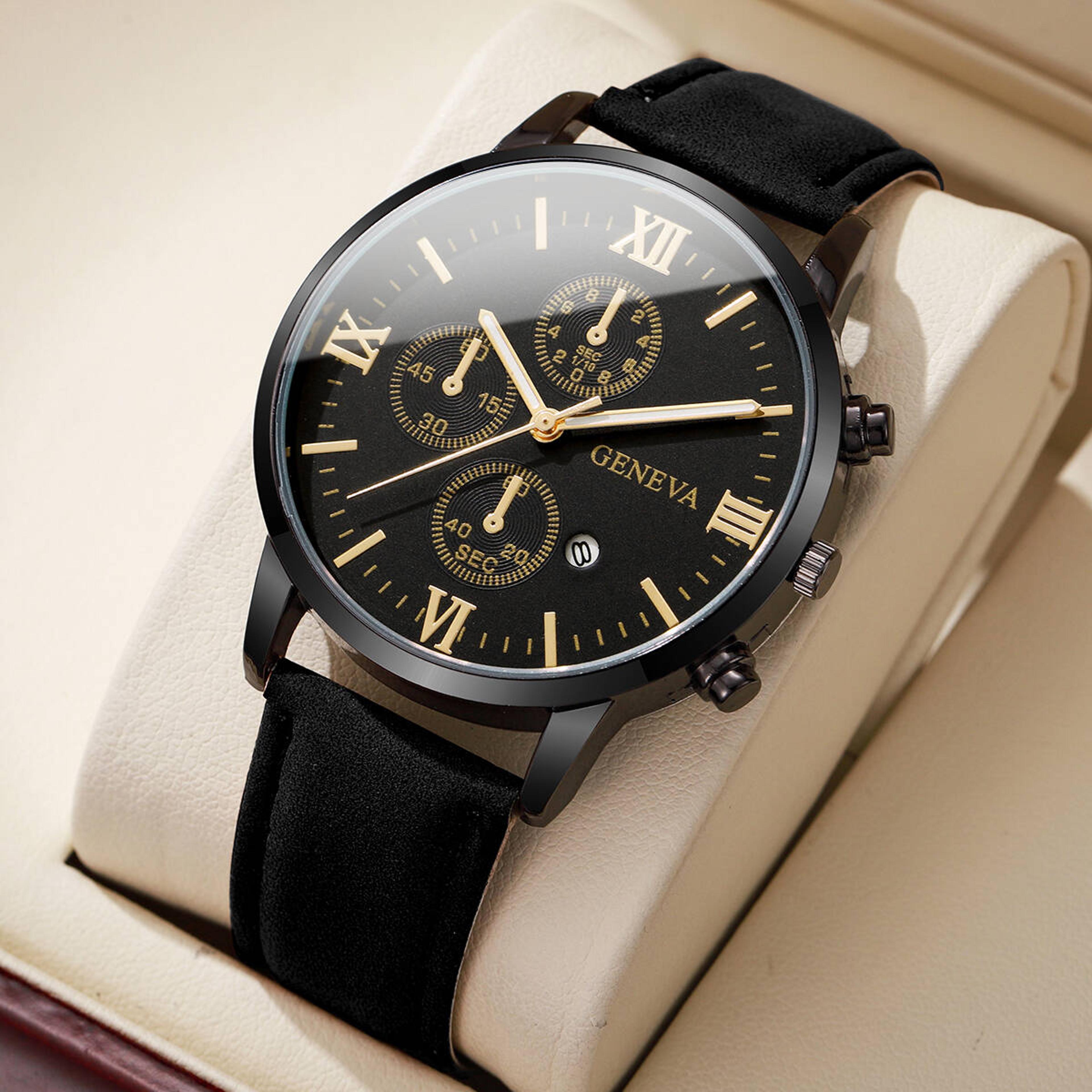mens roman numeral quartz watch with leather strap and calendar