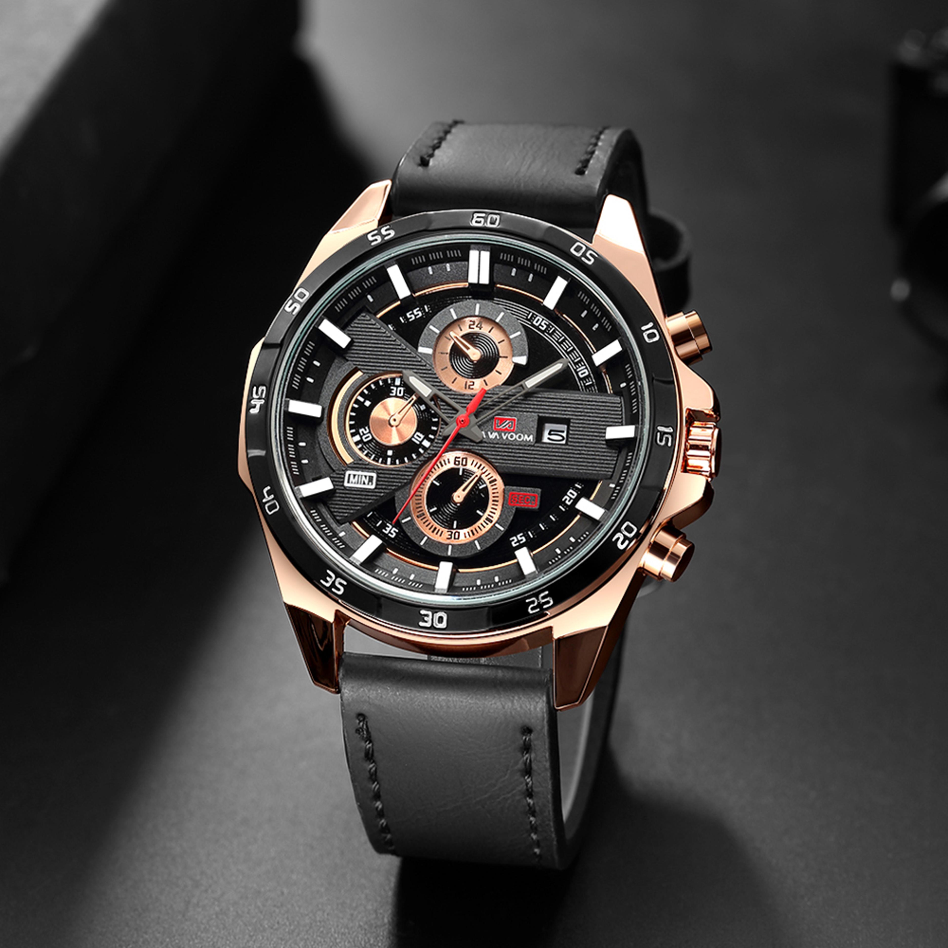 black leather quartz watch 46mm military style sport wristwatch
