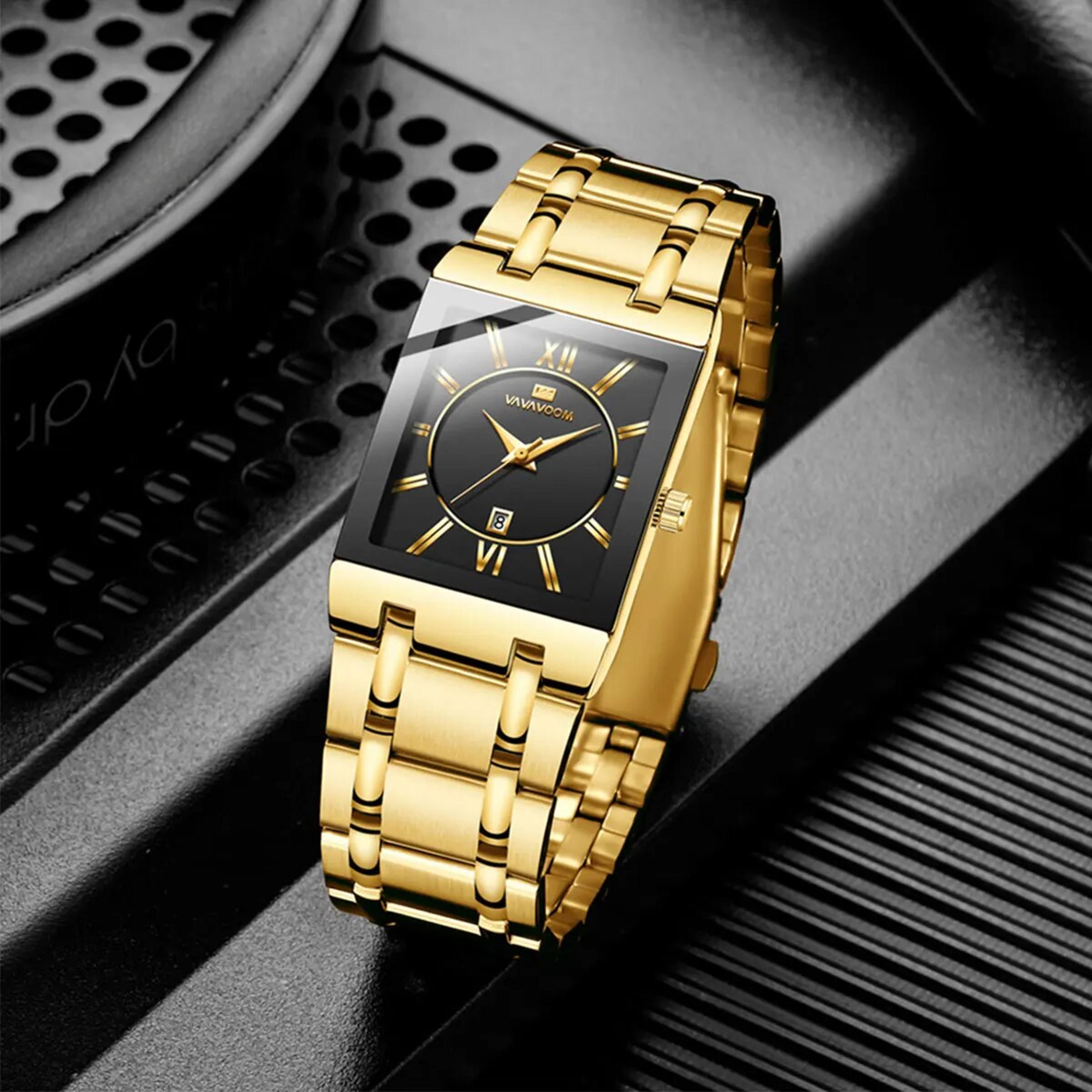 rectangular stainless steel business quartz watch with calendar