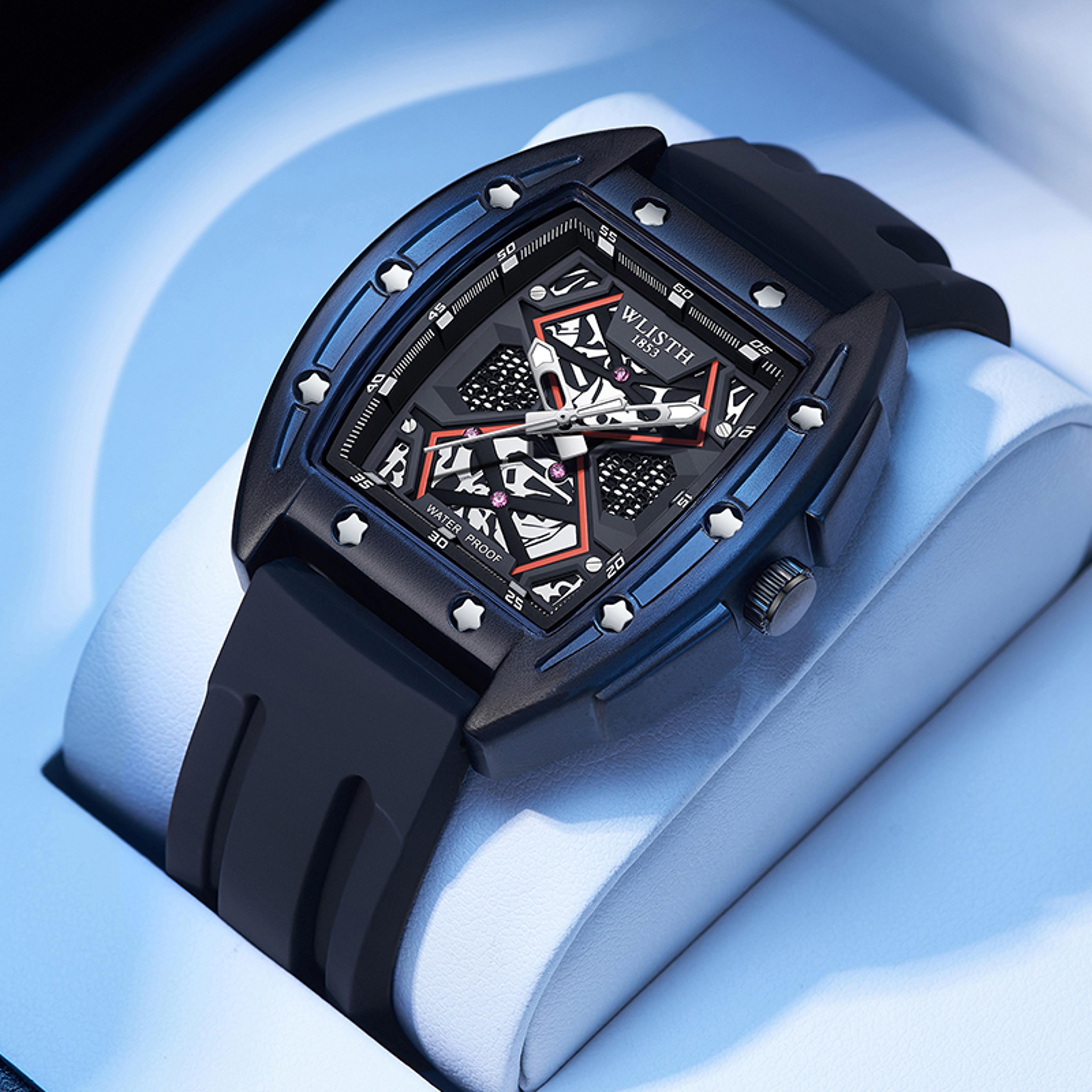 mens tonneau quartz watch with silicone band and full calendar