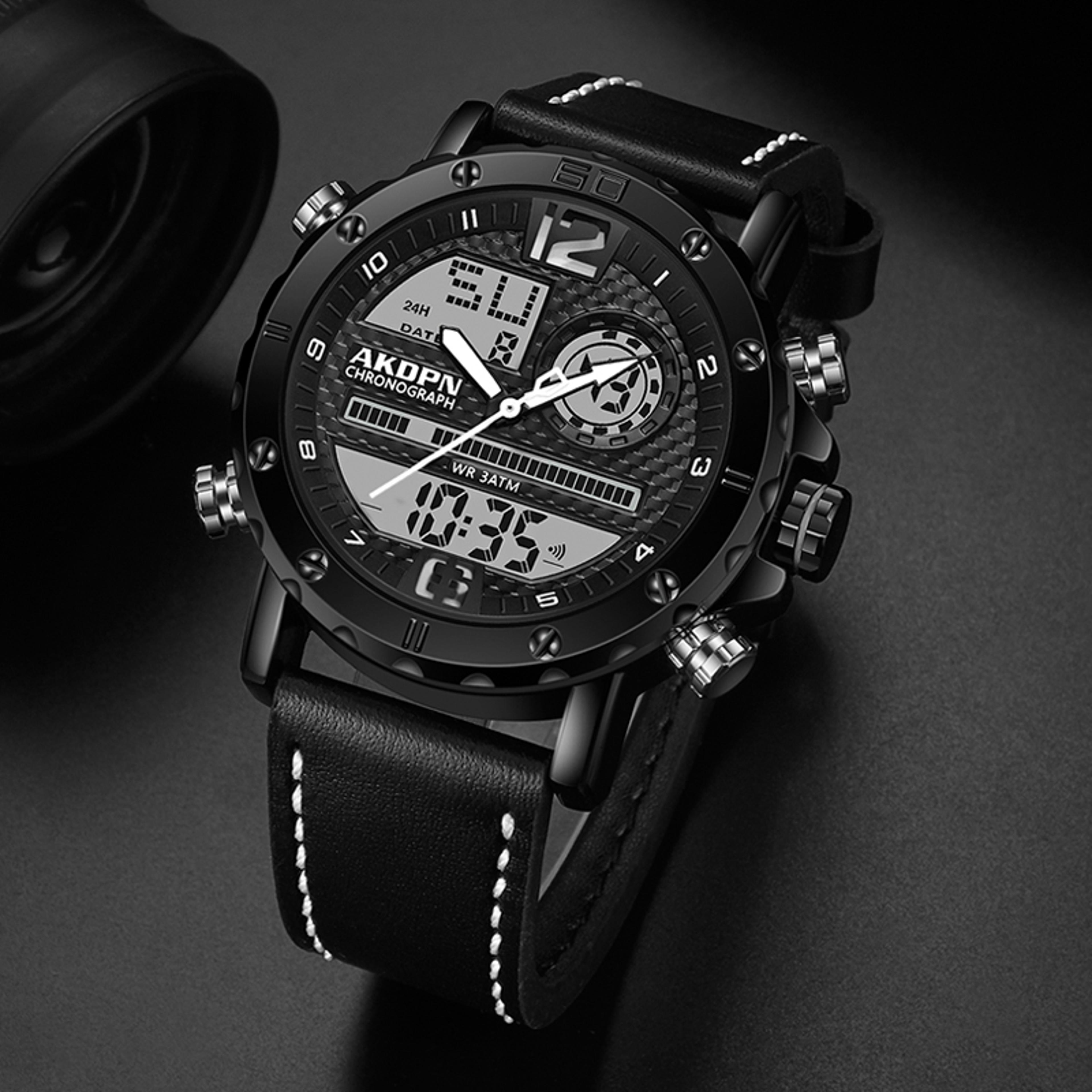 mens digital military style watch with leather band water resistance and complete calendar