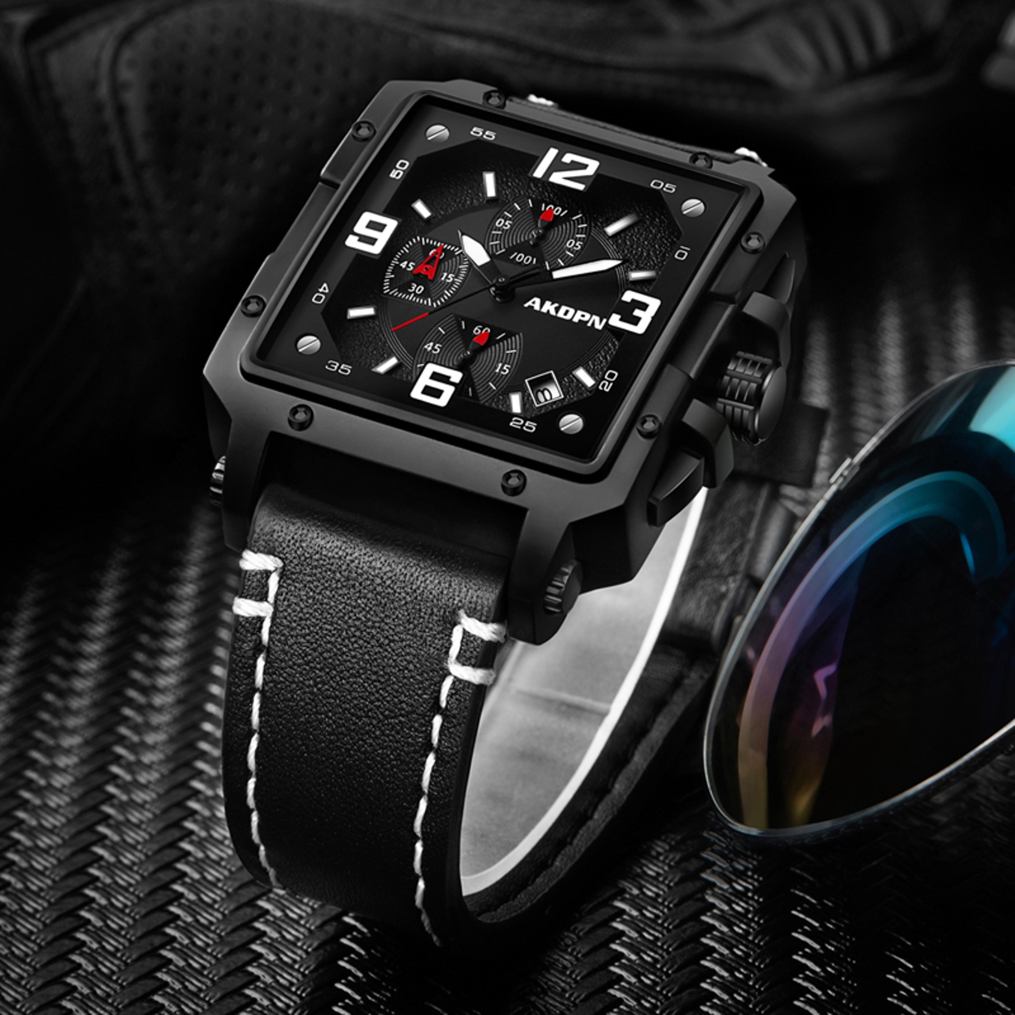 square quartz leather watch with calendar and 3bar water resistance