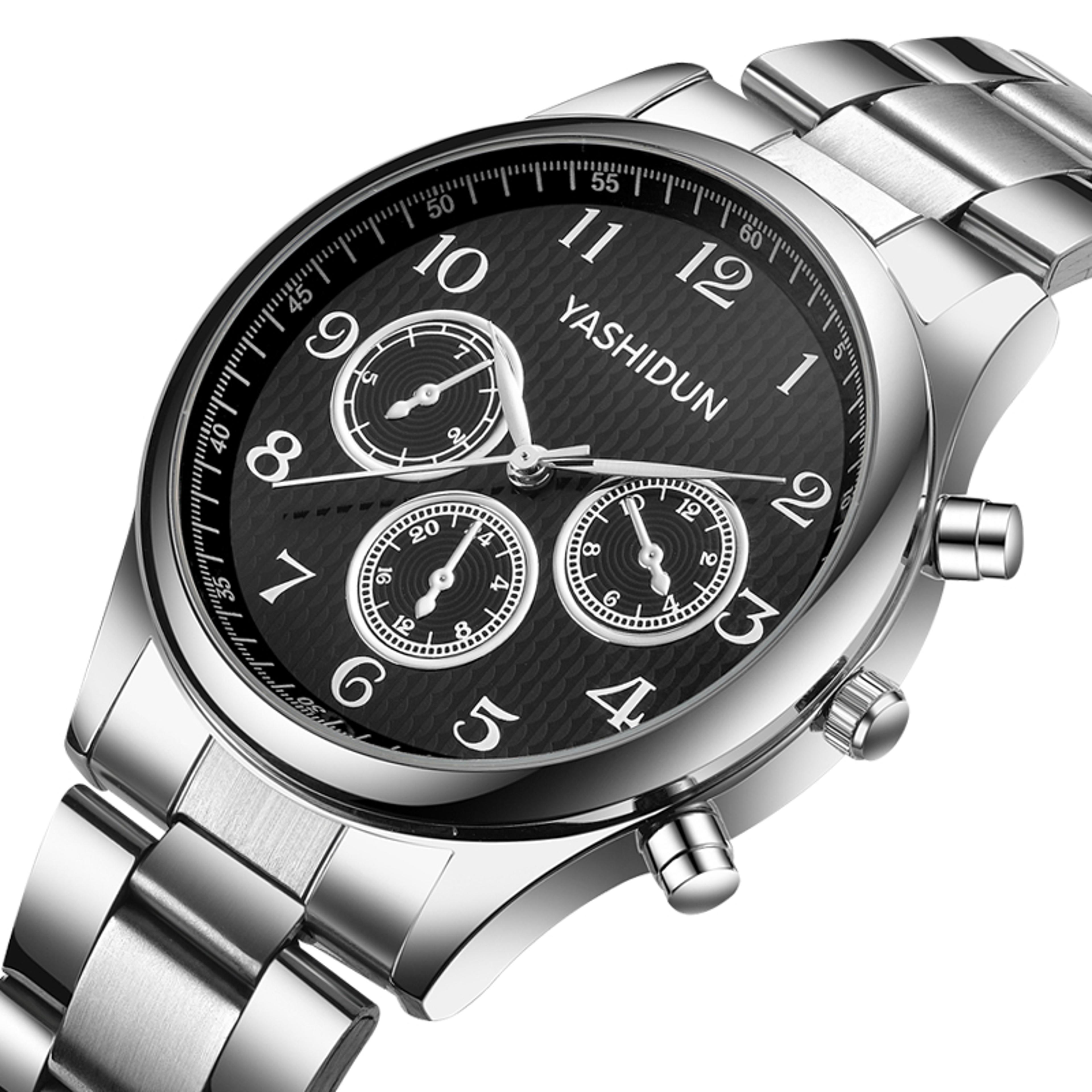 mens quartz wristwatch with leather band date display and water resistance