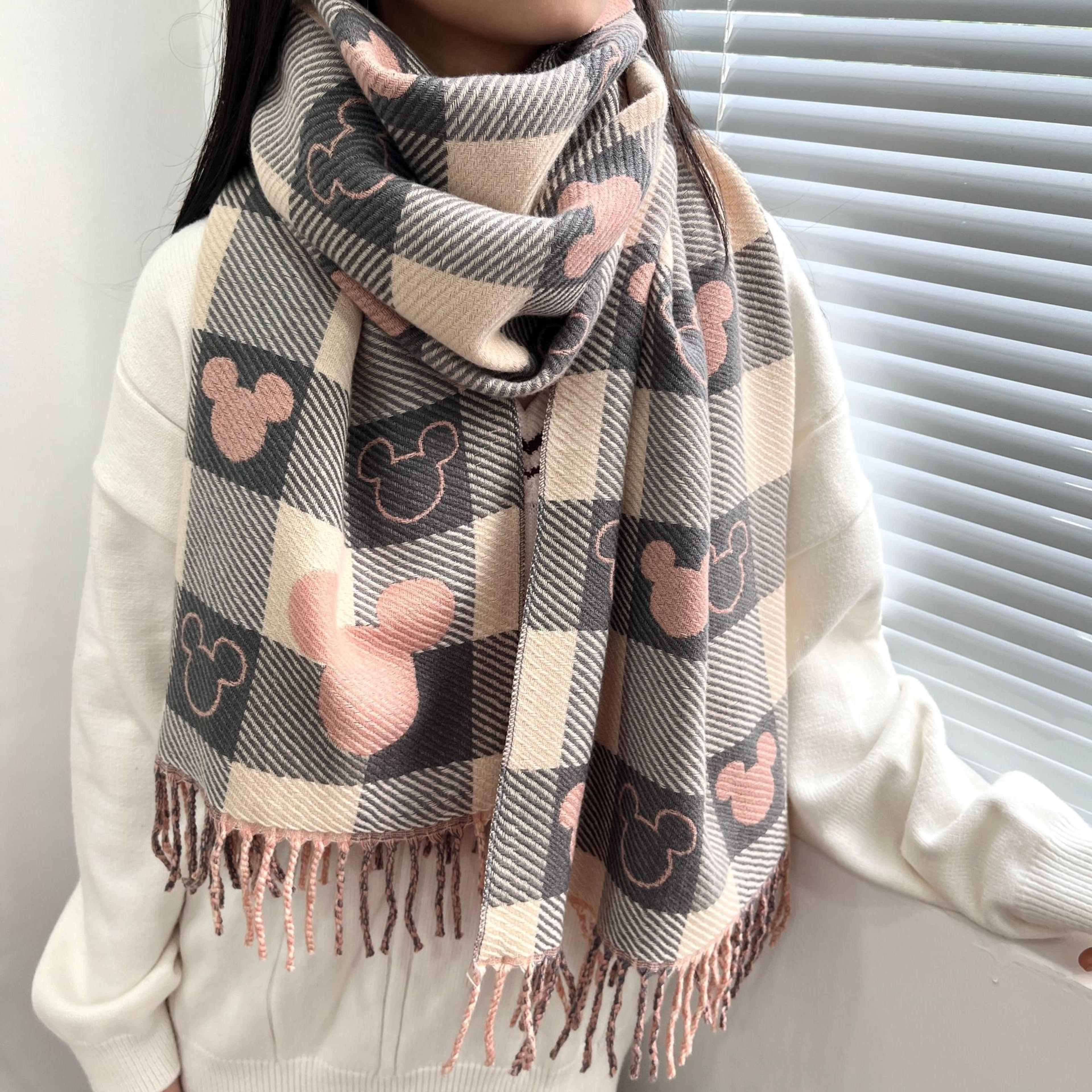 womens winter scarf with printed design and tassels