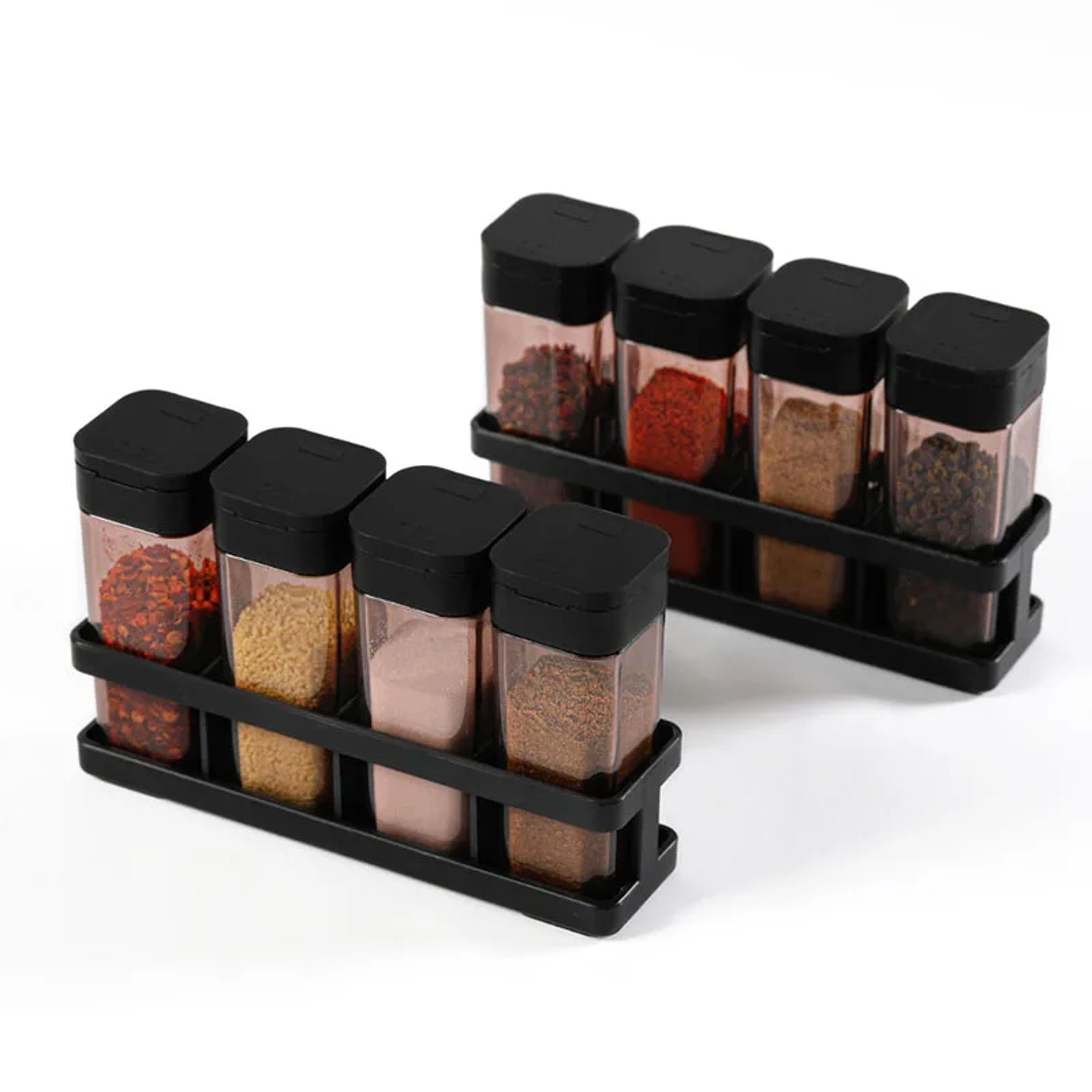 stackable spice organizer set with airtight lids and plastic storage jars
