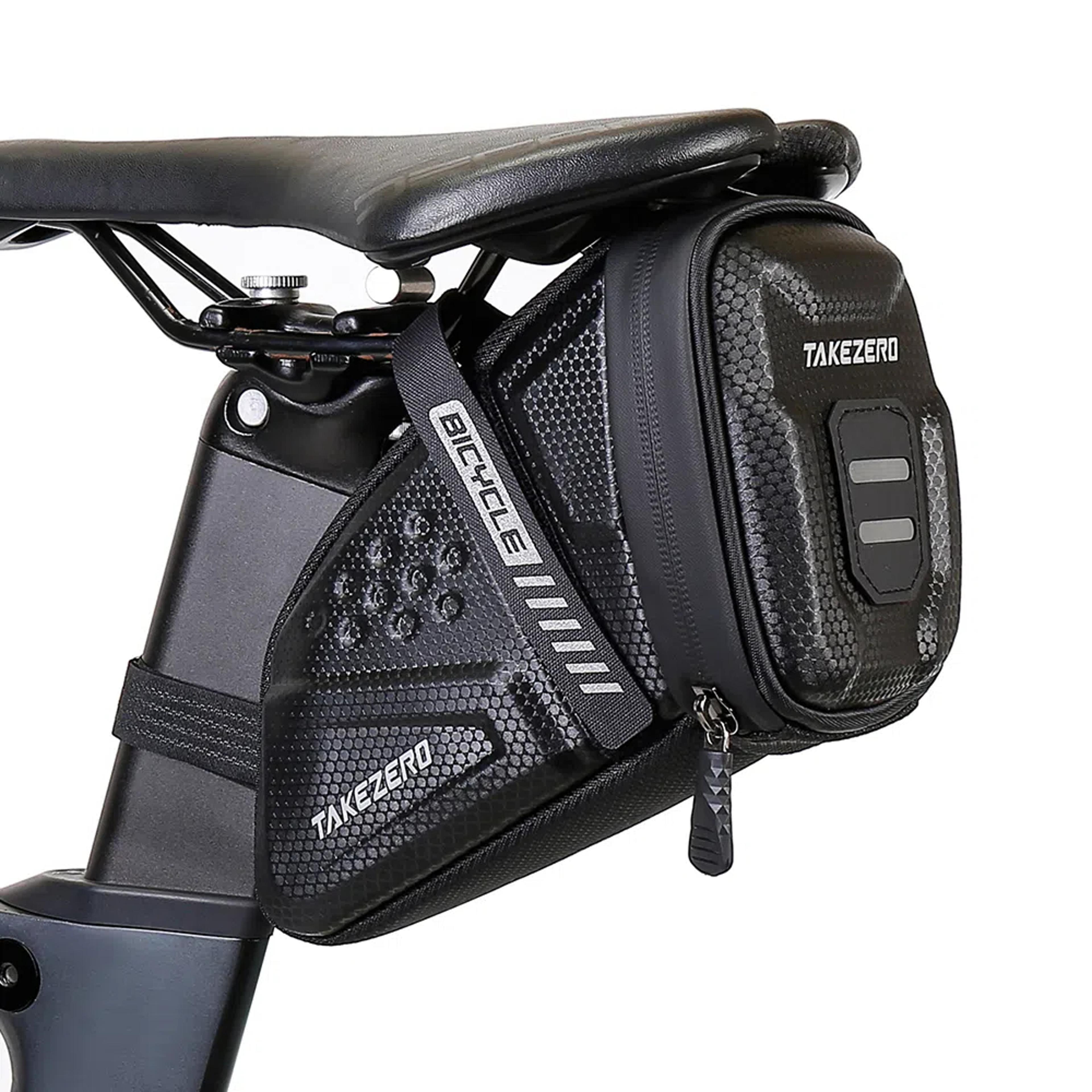 waterproof bicycle saddle bag with reflective details and rear storage