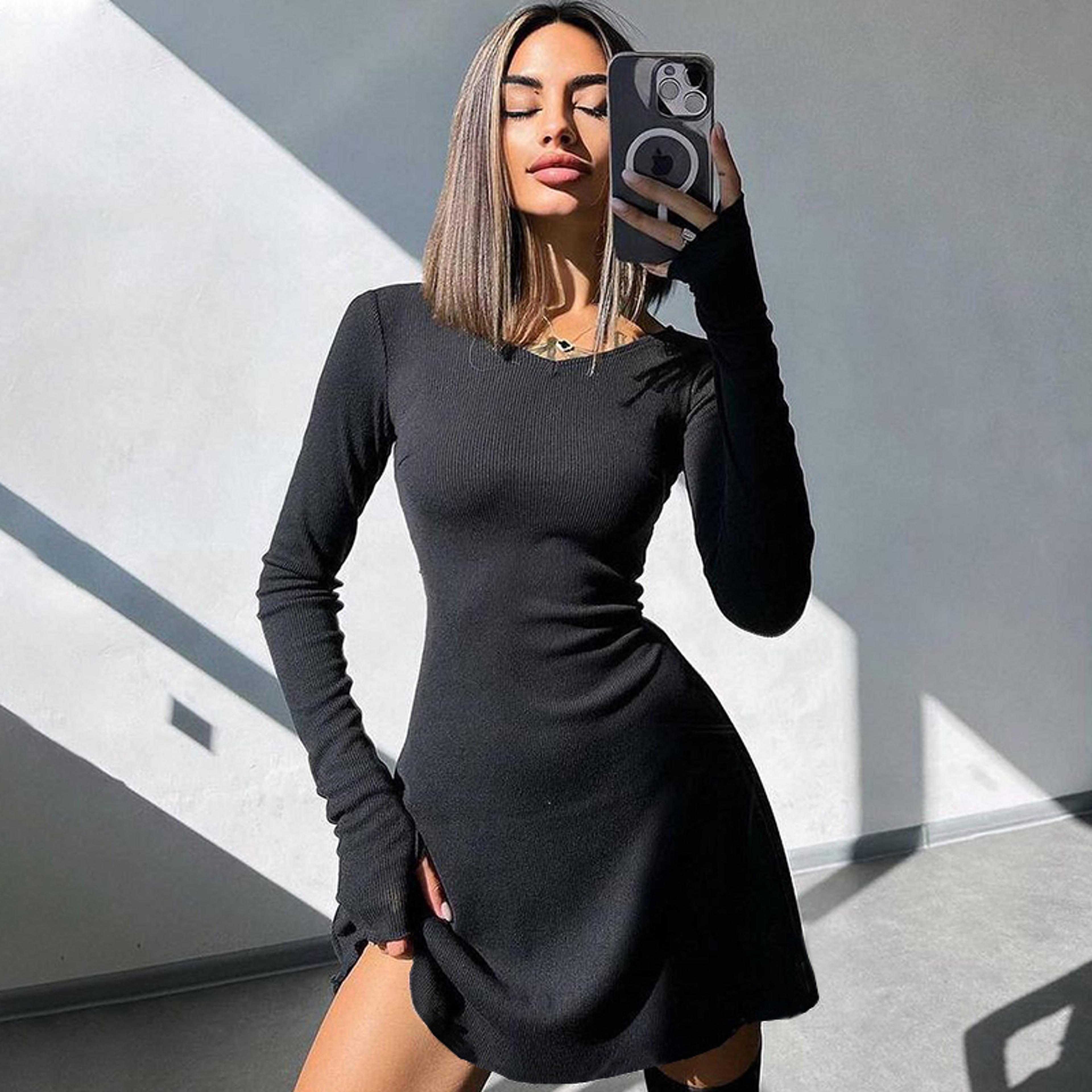 womens black v-neck long sleeve mini dress with slim fit and sash detail
