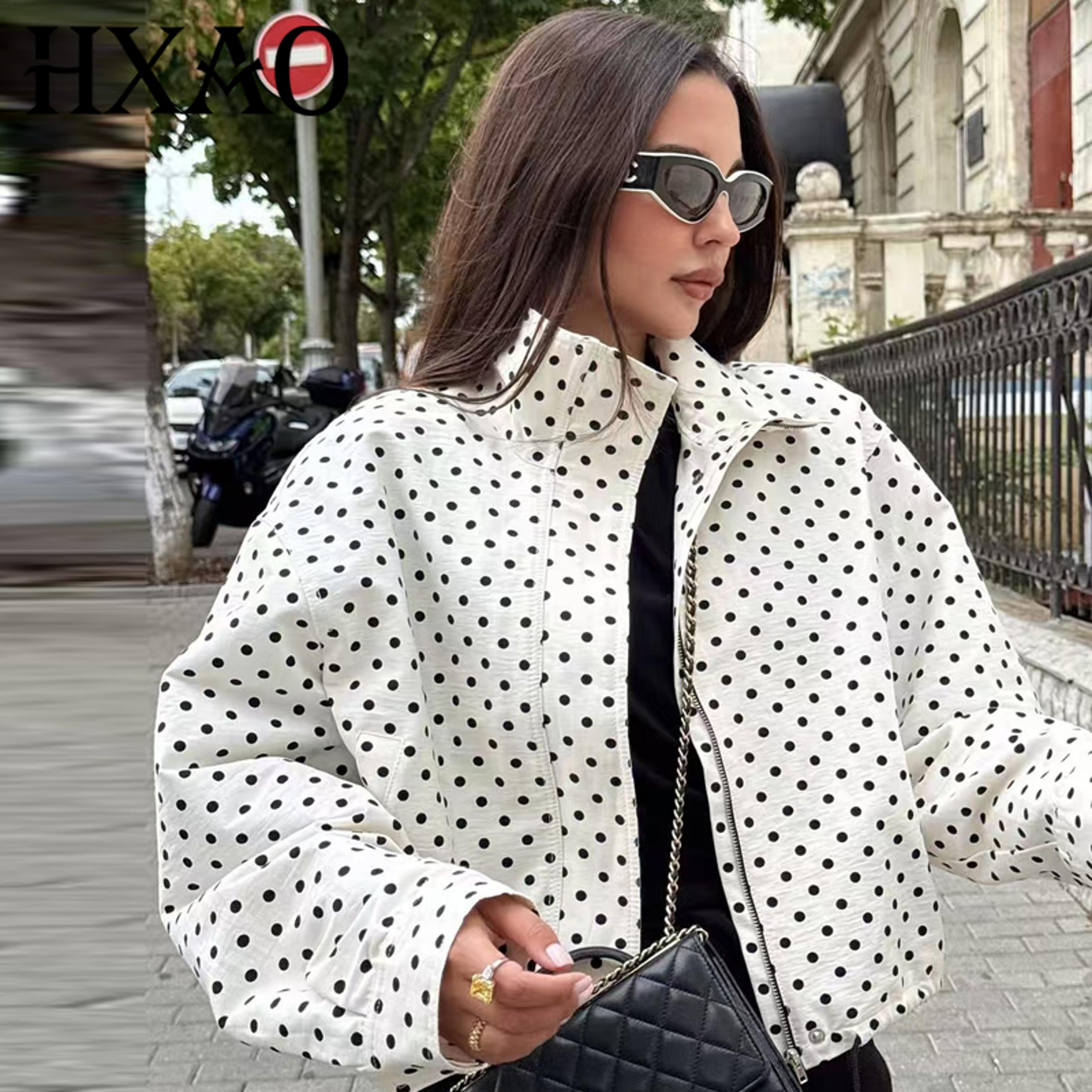 womens polka dot bomber jacket oversized zip-up streetwear outerwear