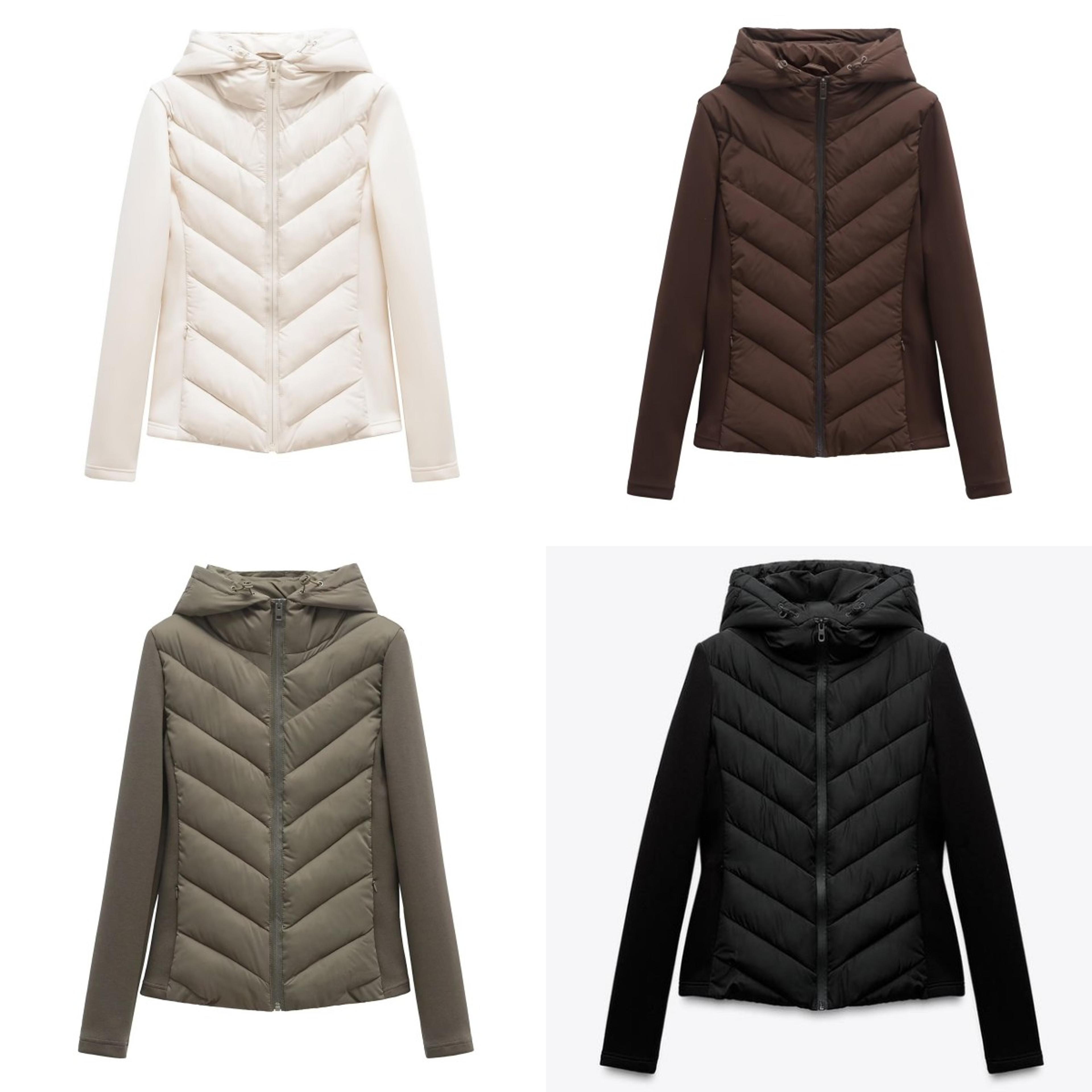 womens quilted jacket with hooded stand collar and patchwork design