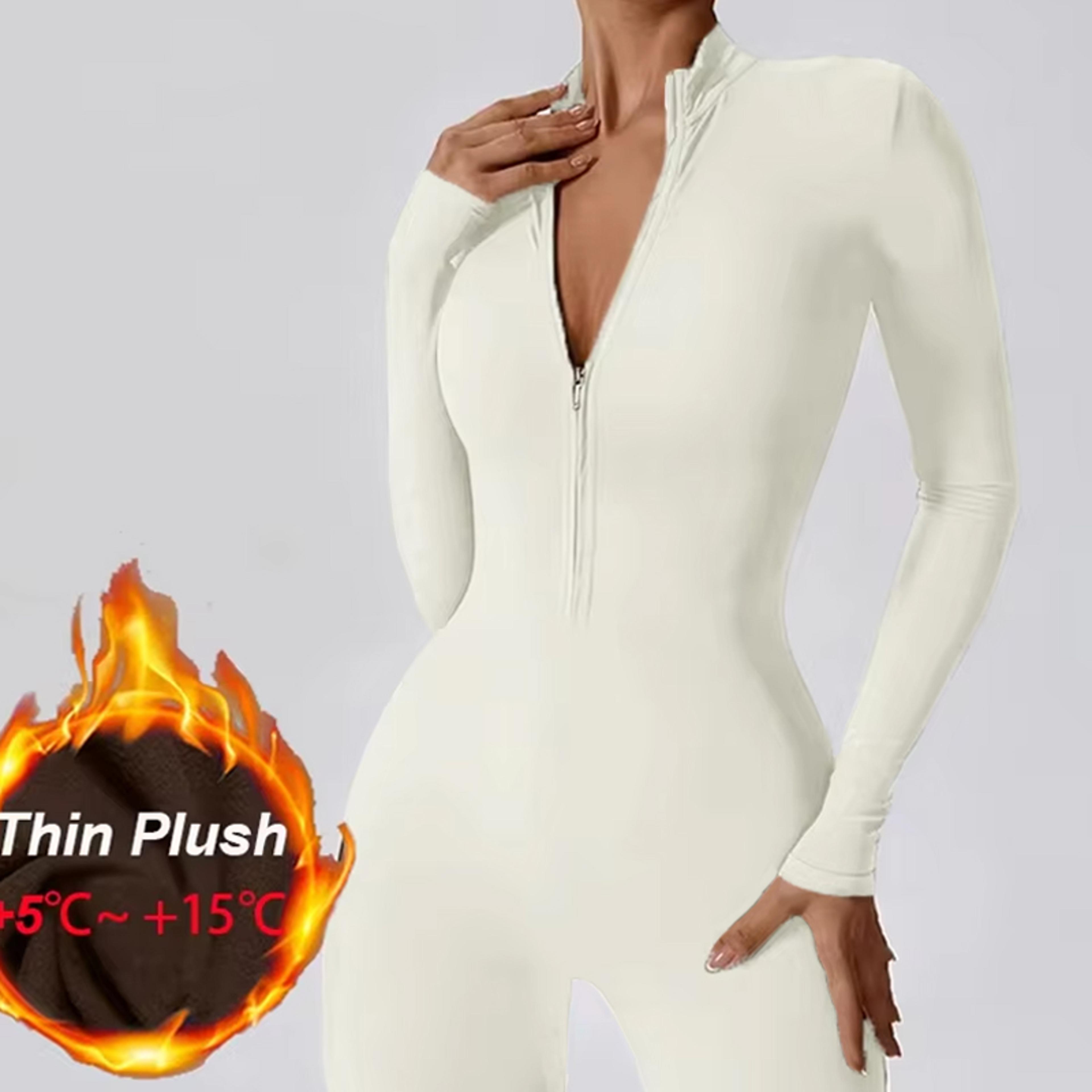 womens fleece jumpsuit long sleeve slim fit winter workout bodysuit