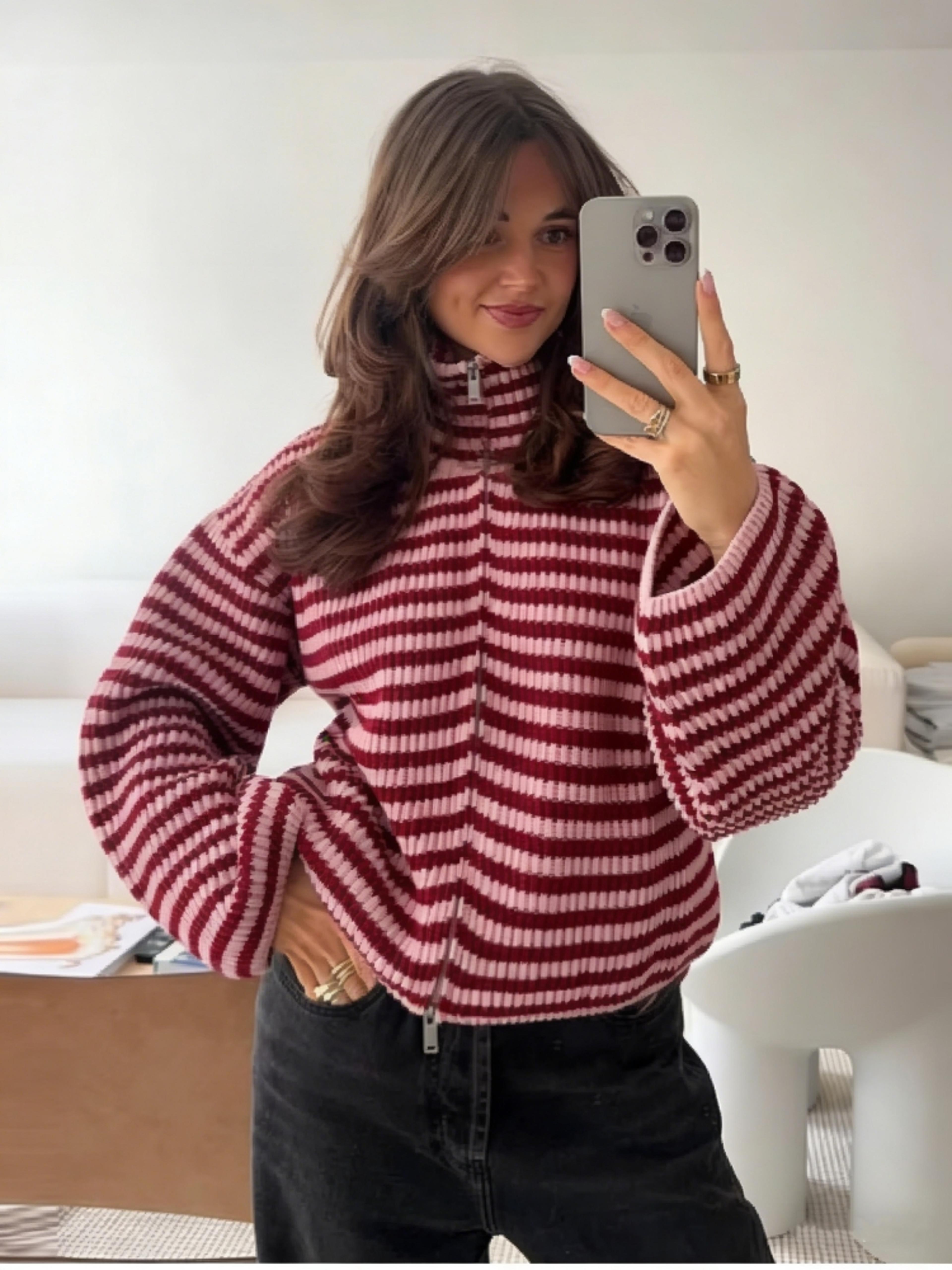 womens striped knit cardigan sweater with turtleneck and zip-up front