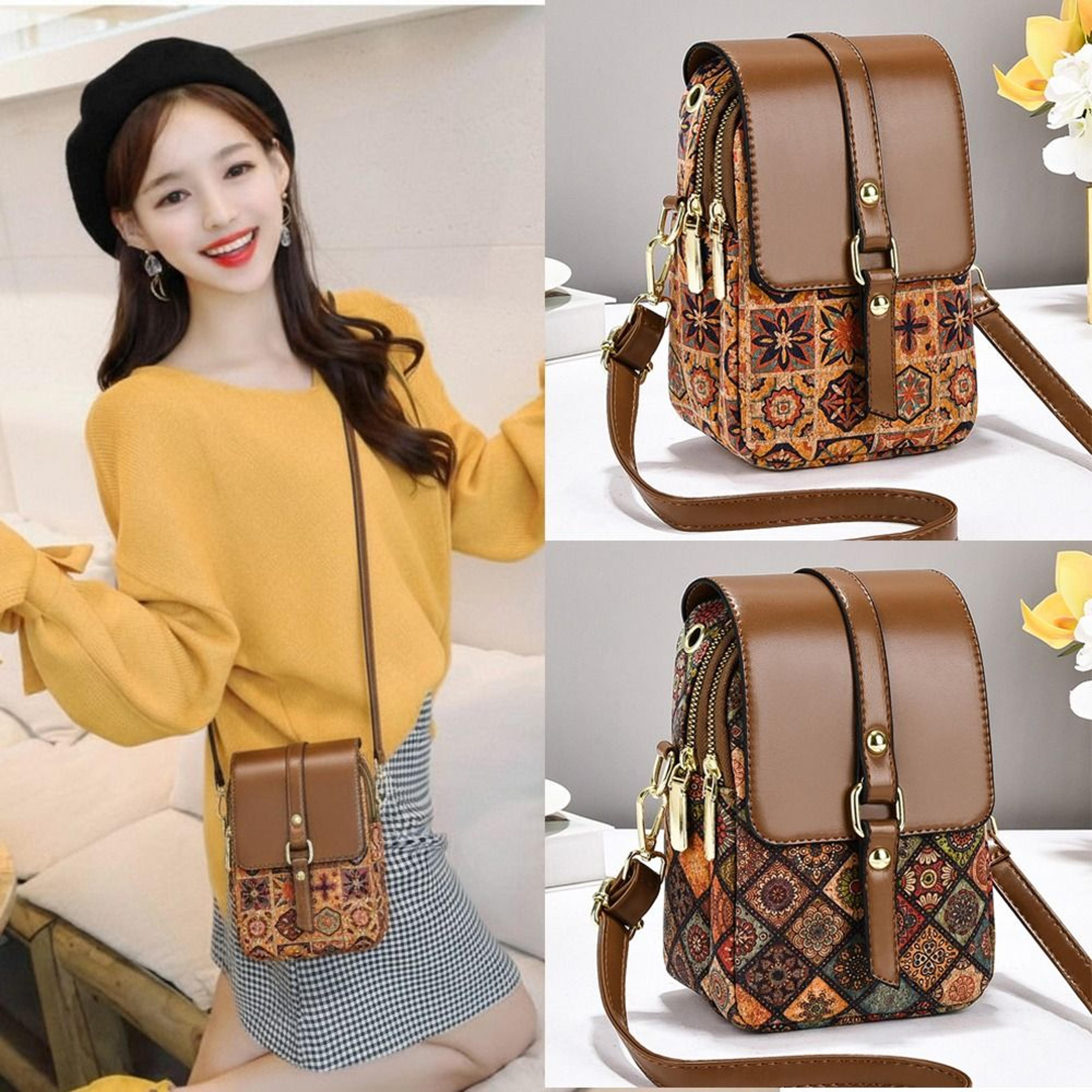 bohemian printed pu leather crossbody phone bag with ethnic pattern