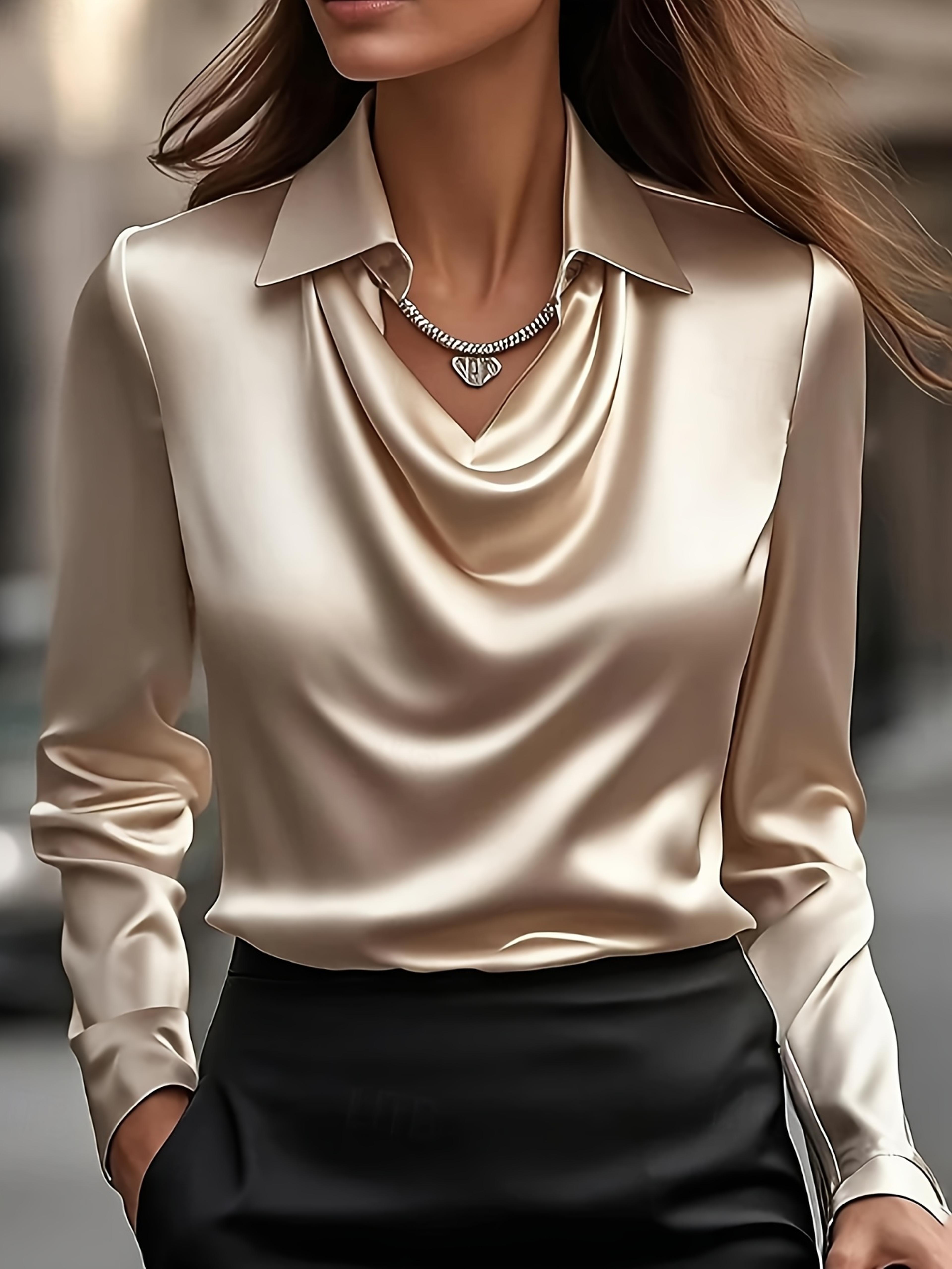 womens plus size satin long sleeve blouse with pleated draped collar