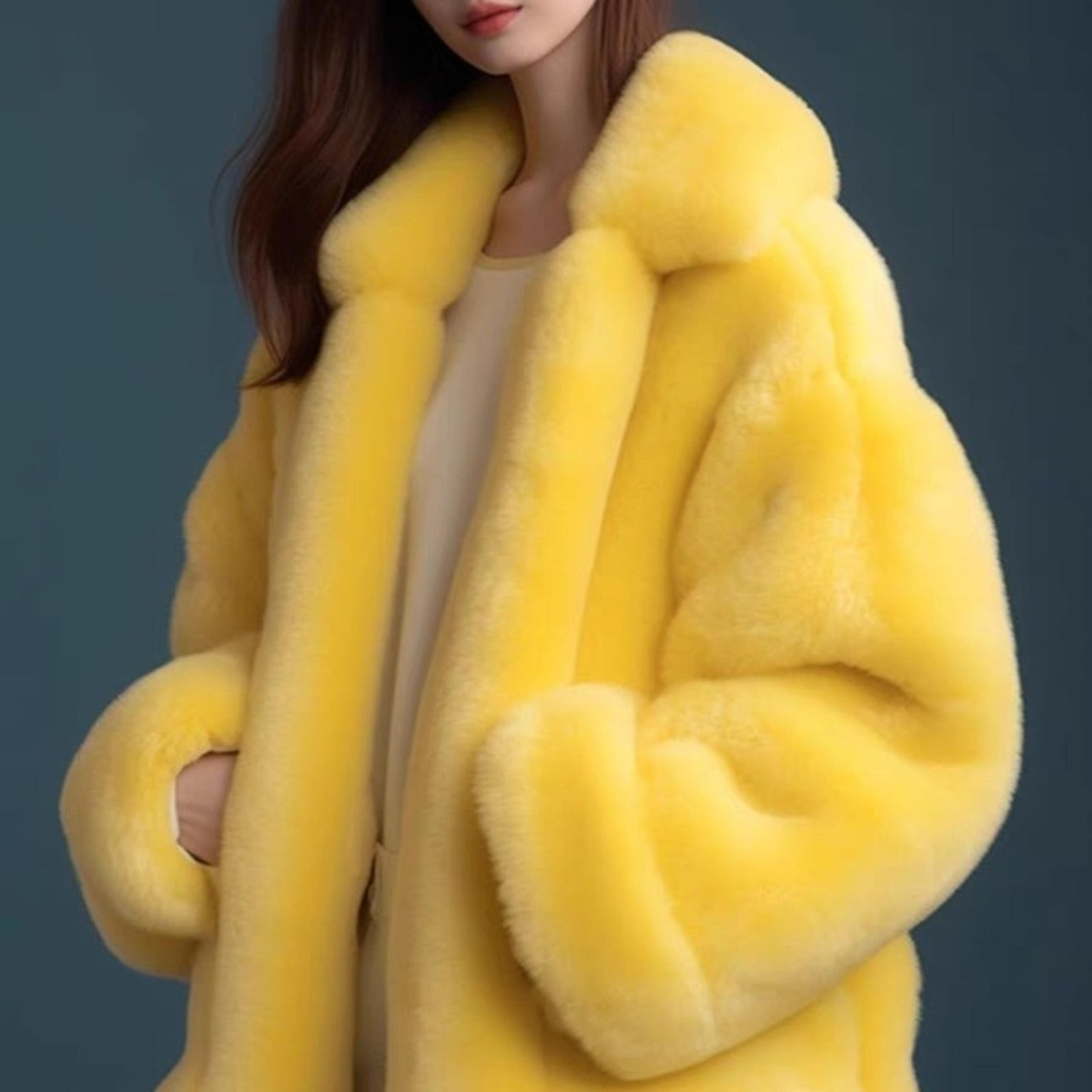 womens faux fur winter coat with turn-down collar and loose fit
