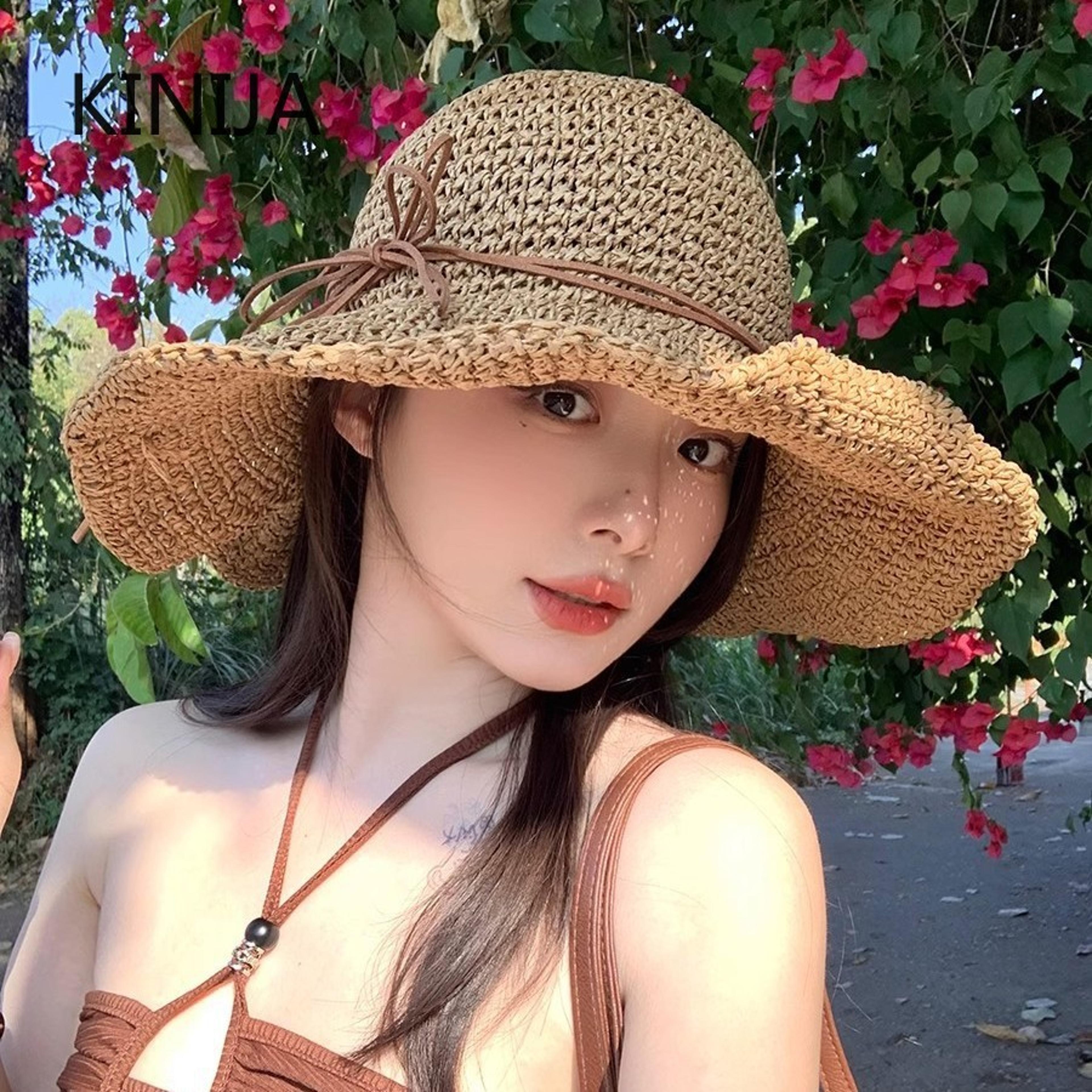 elegant wide brim beach straw sun hat with bow for women