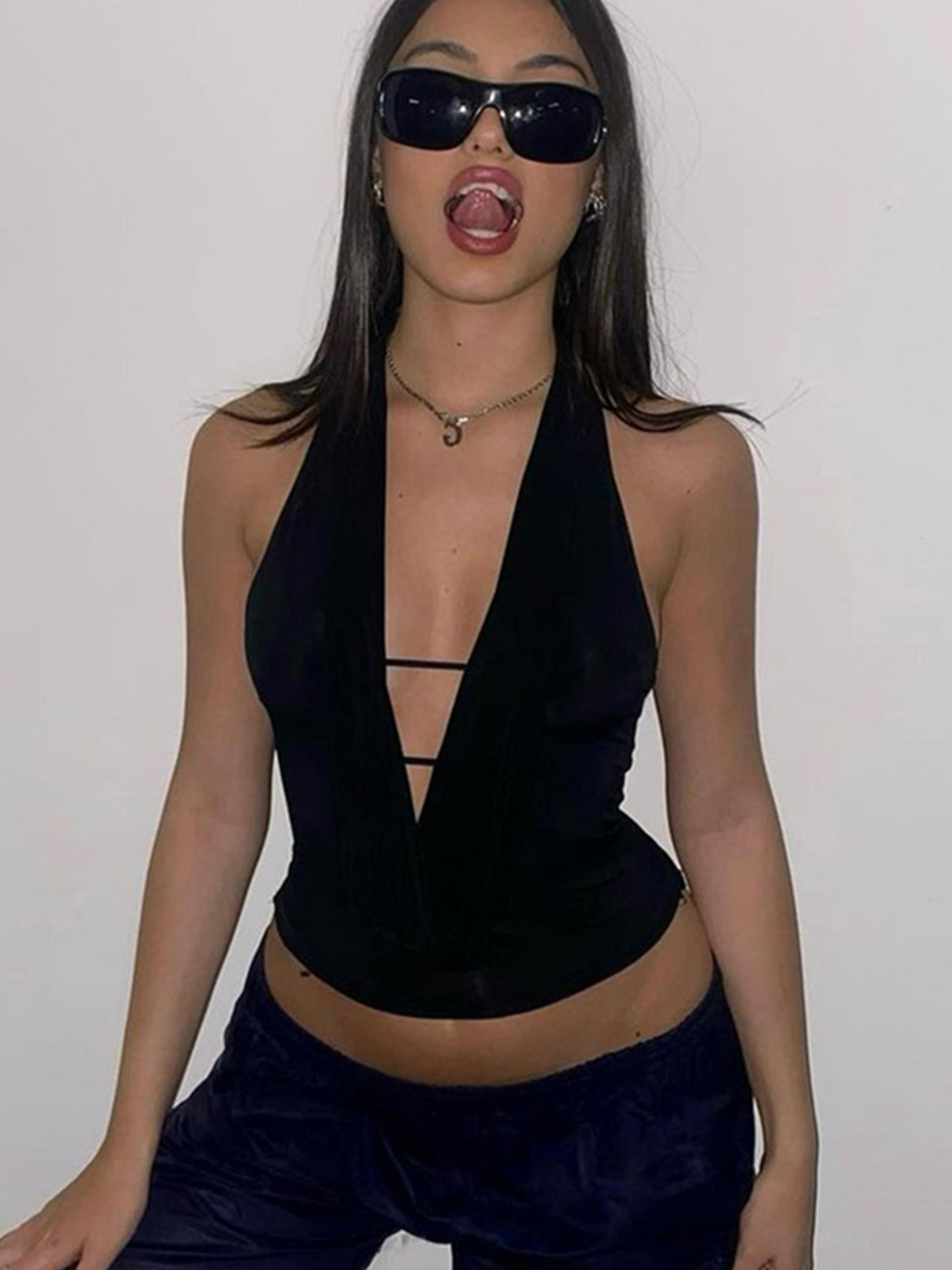 halter crop top deep v neck hollow out summer clubwear for women