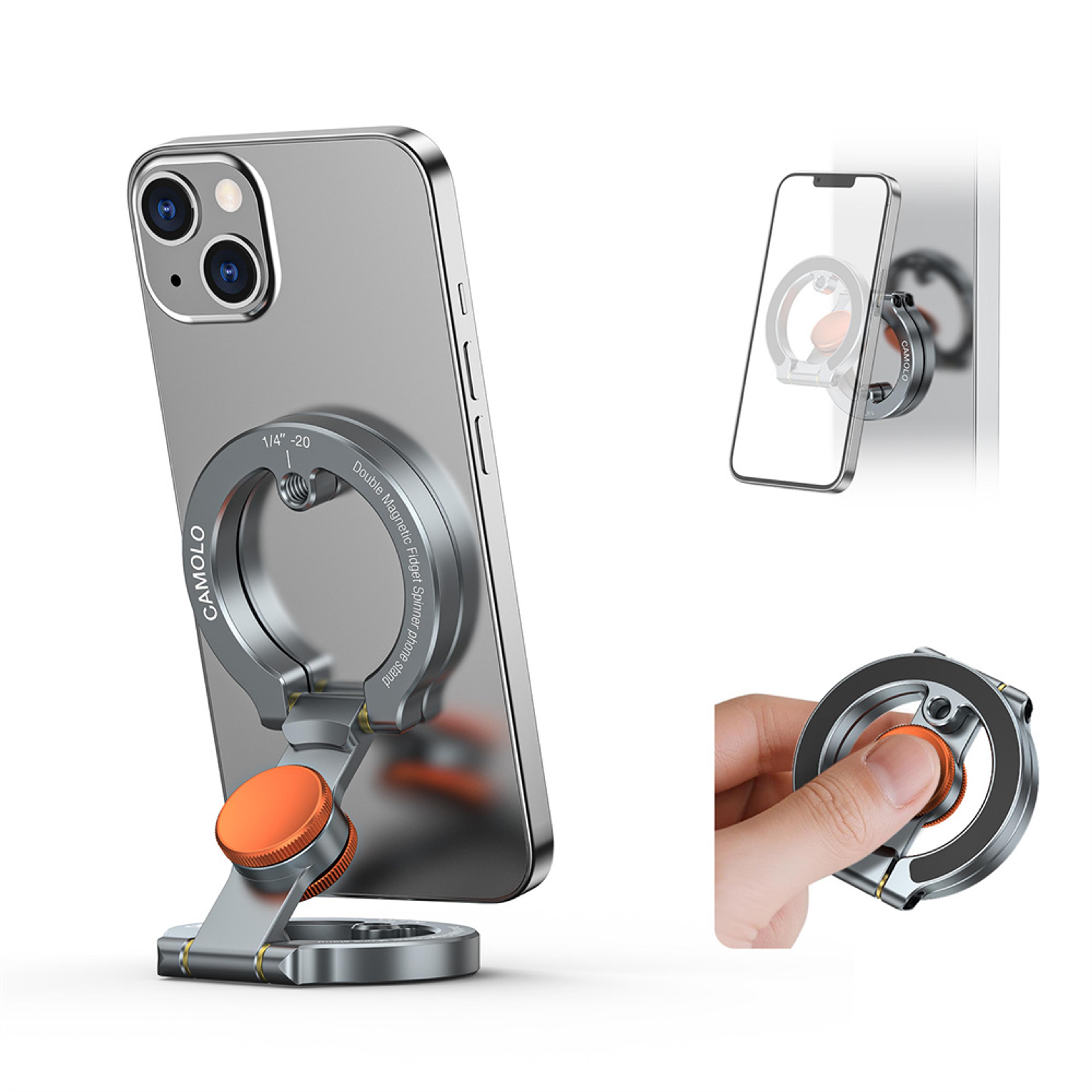 phone holder with dual magnetic spinner stand for desk, gym & hands-free viewing