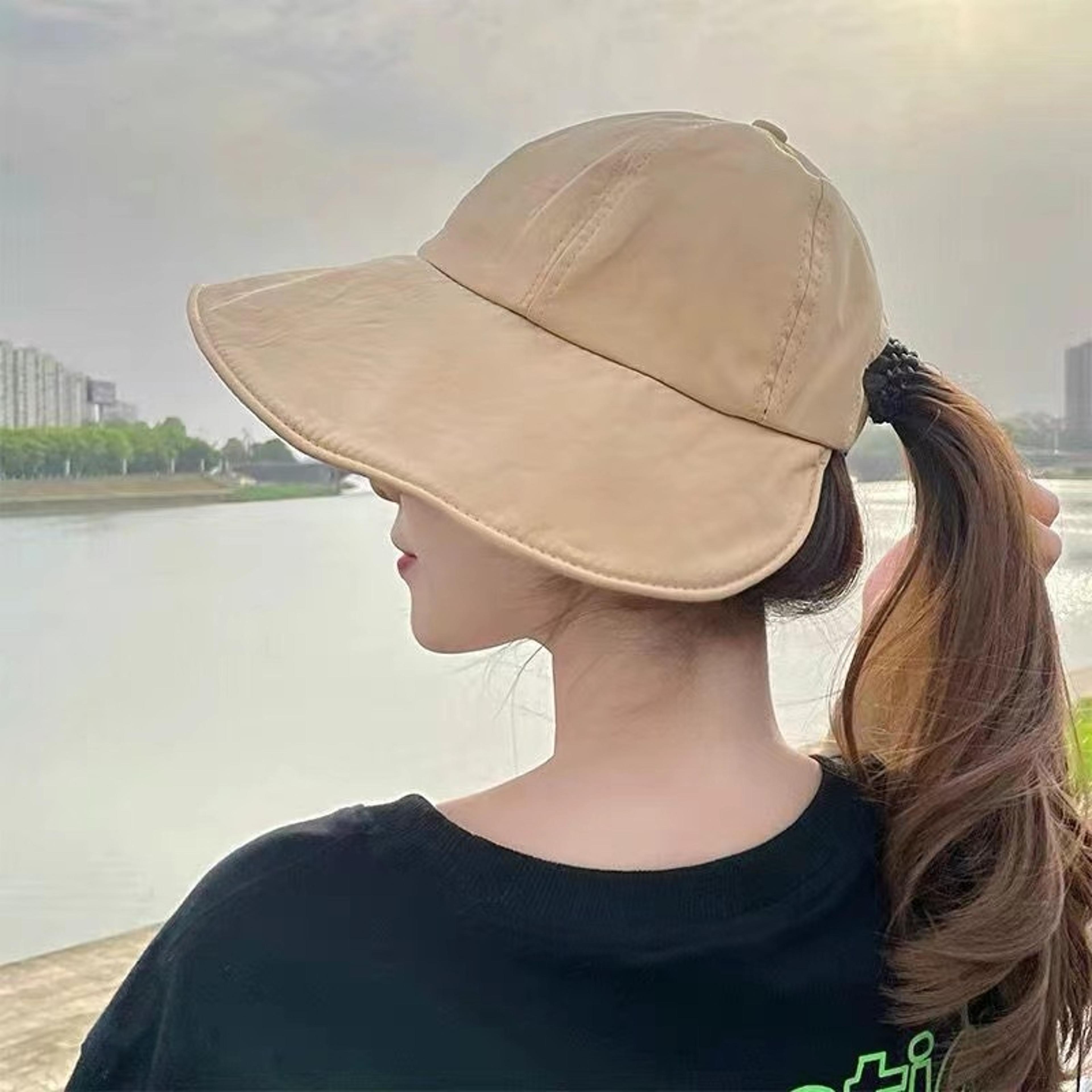 women's ponytail sun hat foldable summer bucket hat adjustable beach cap