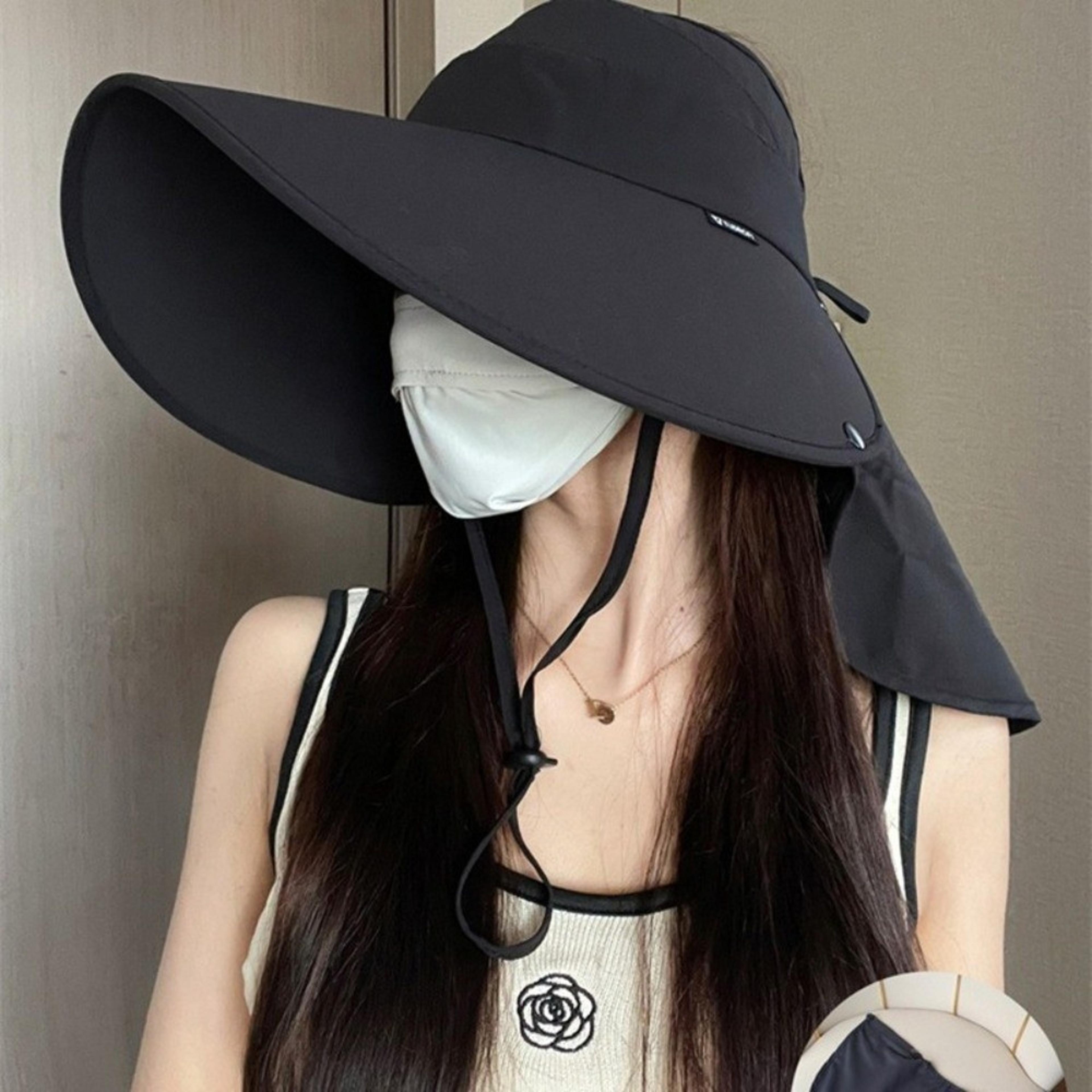 wide brim sun protection hat for women with ponytail opening, neck shawl & foldable beach cap