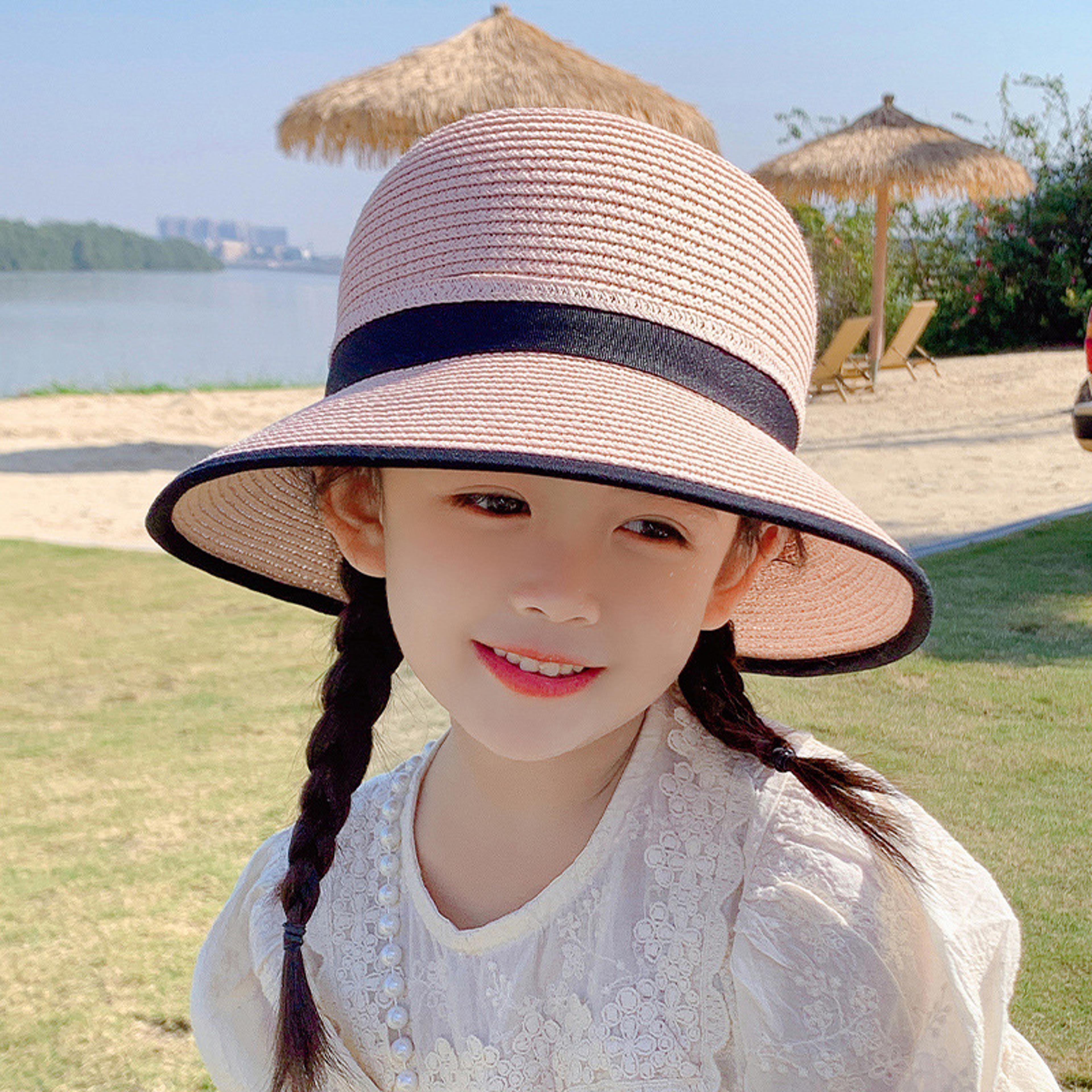 kids sun hat with wide brim uv protection and bow bow straw beach hat