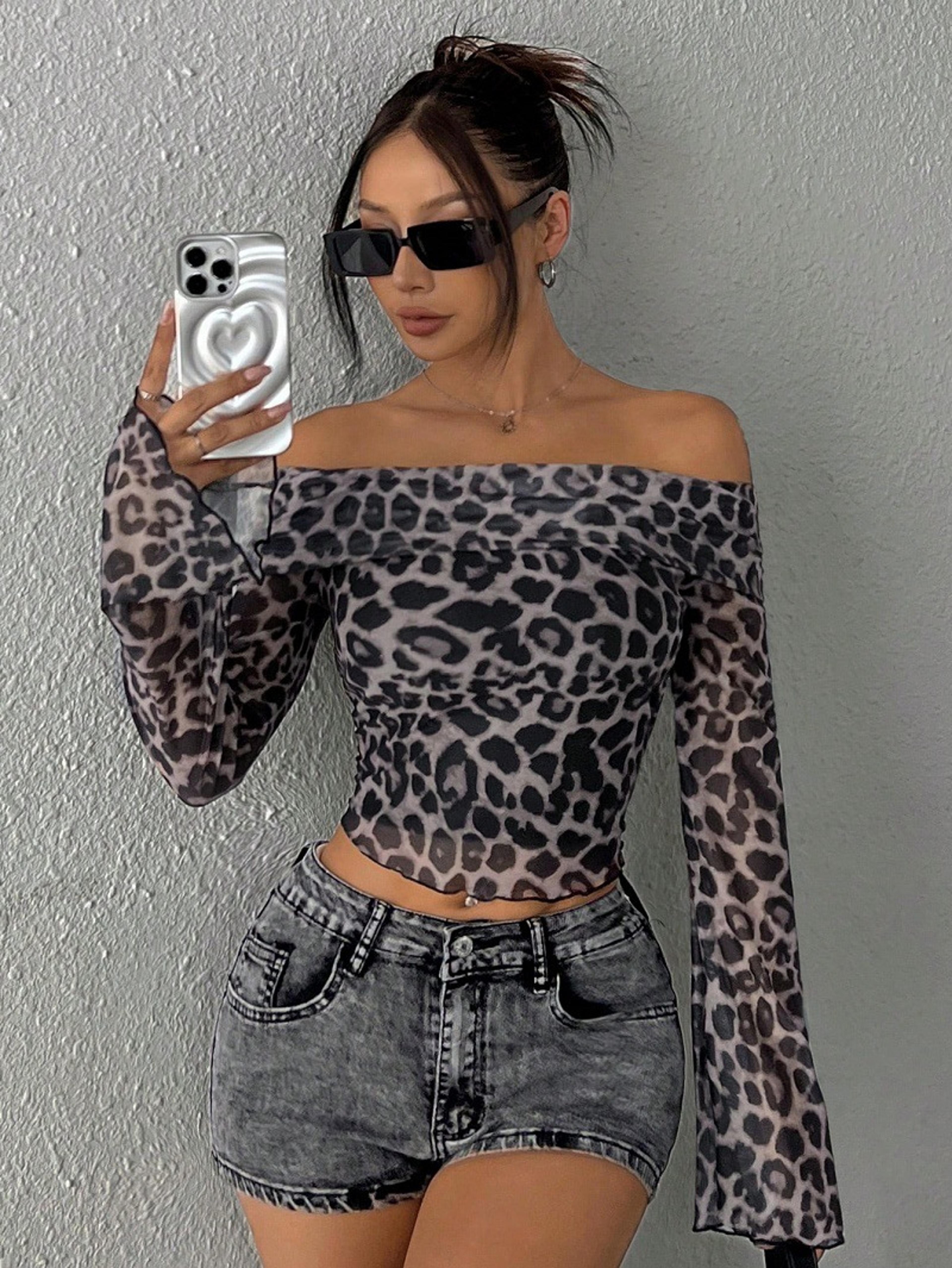 leopard off shoulder top for women long sleeve knit streetwear shirt