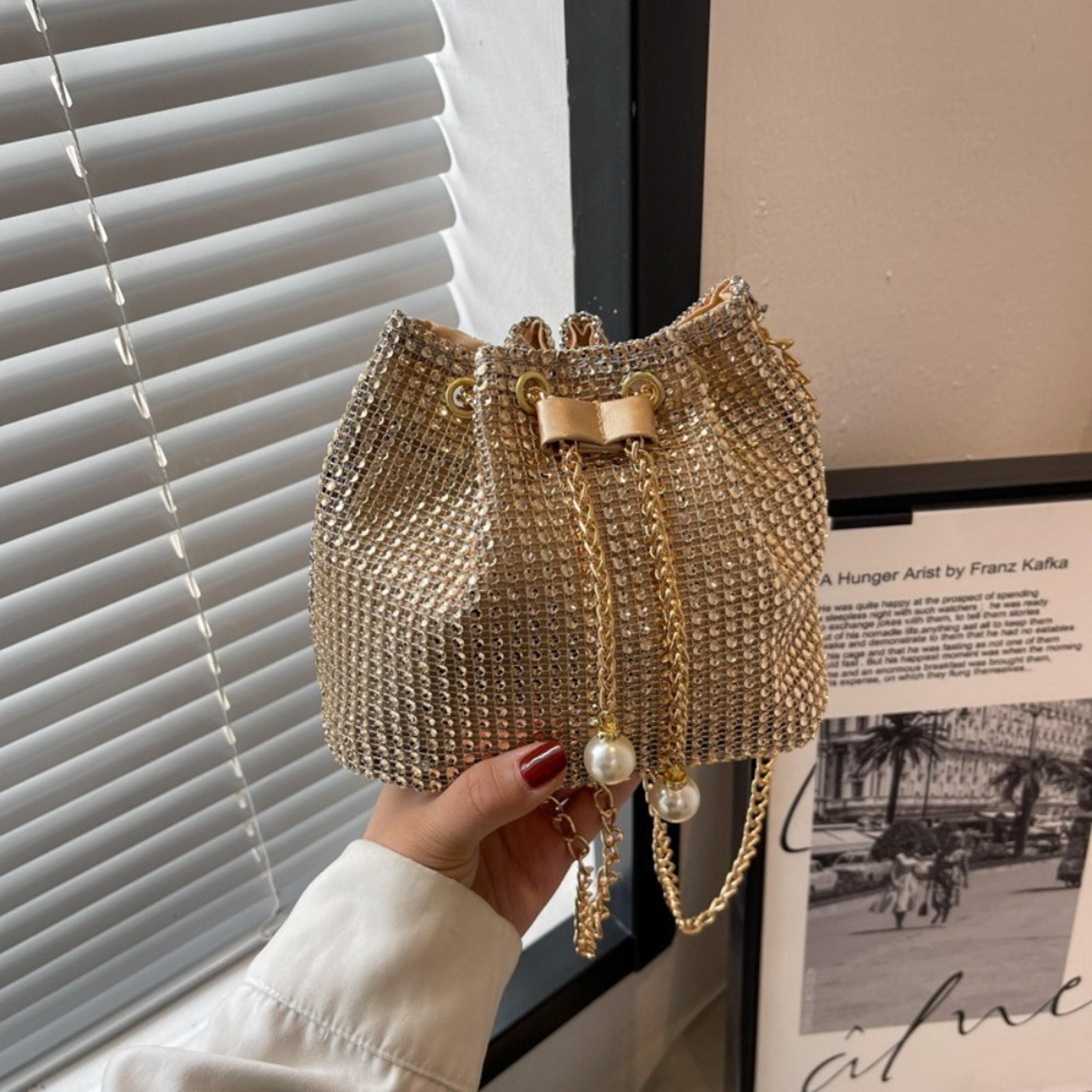 rhinestone evening bag wedding clutch purse with drawstring bucket design