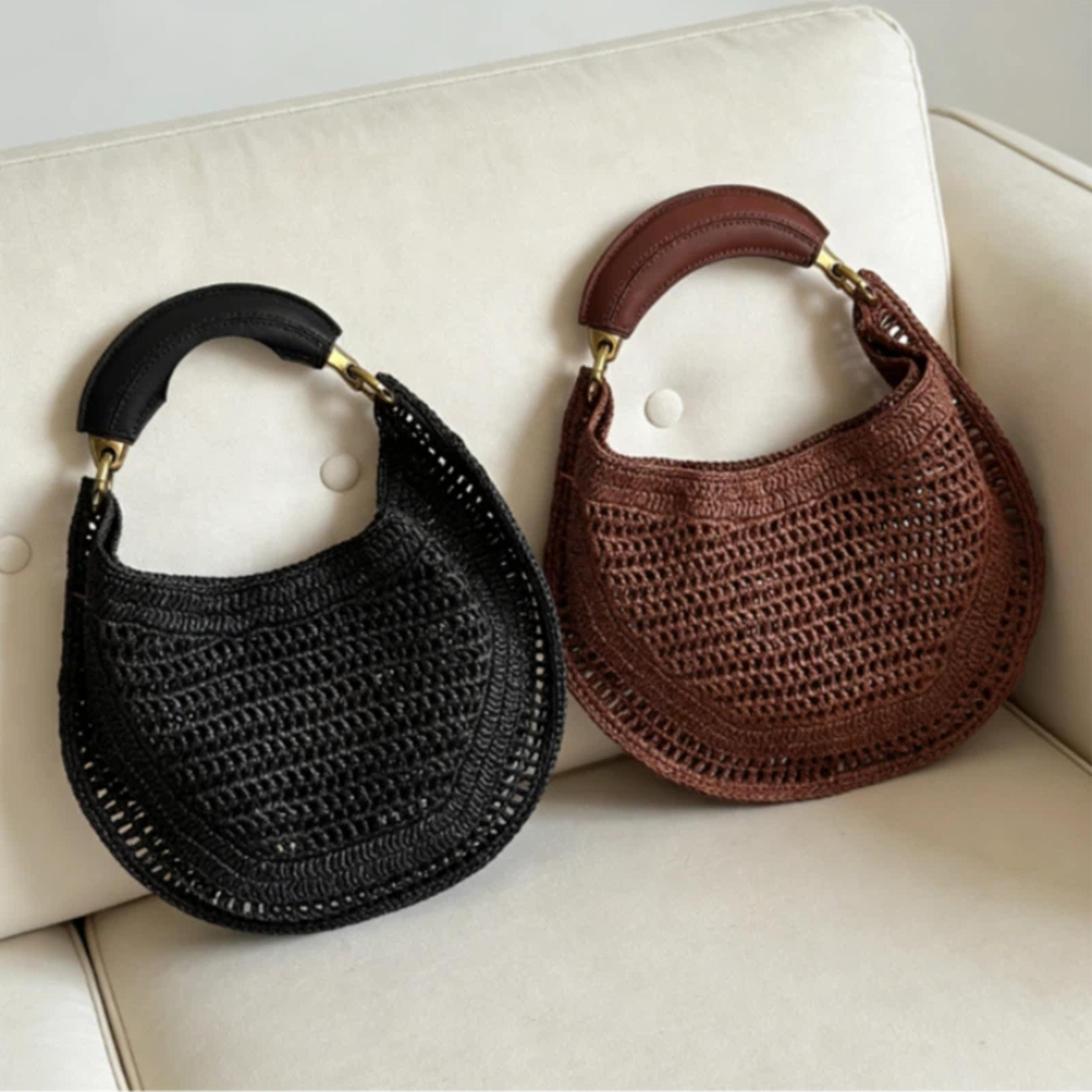 luxury woven straw handbag crescent shoulder bag for beach, vacation & everyday style