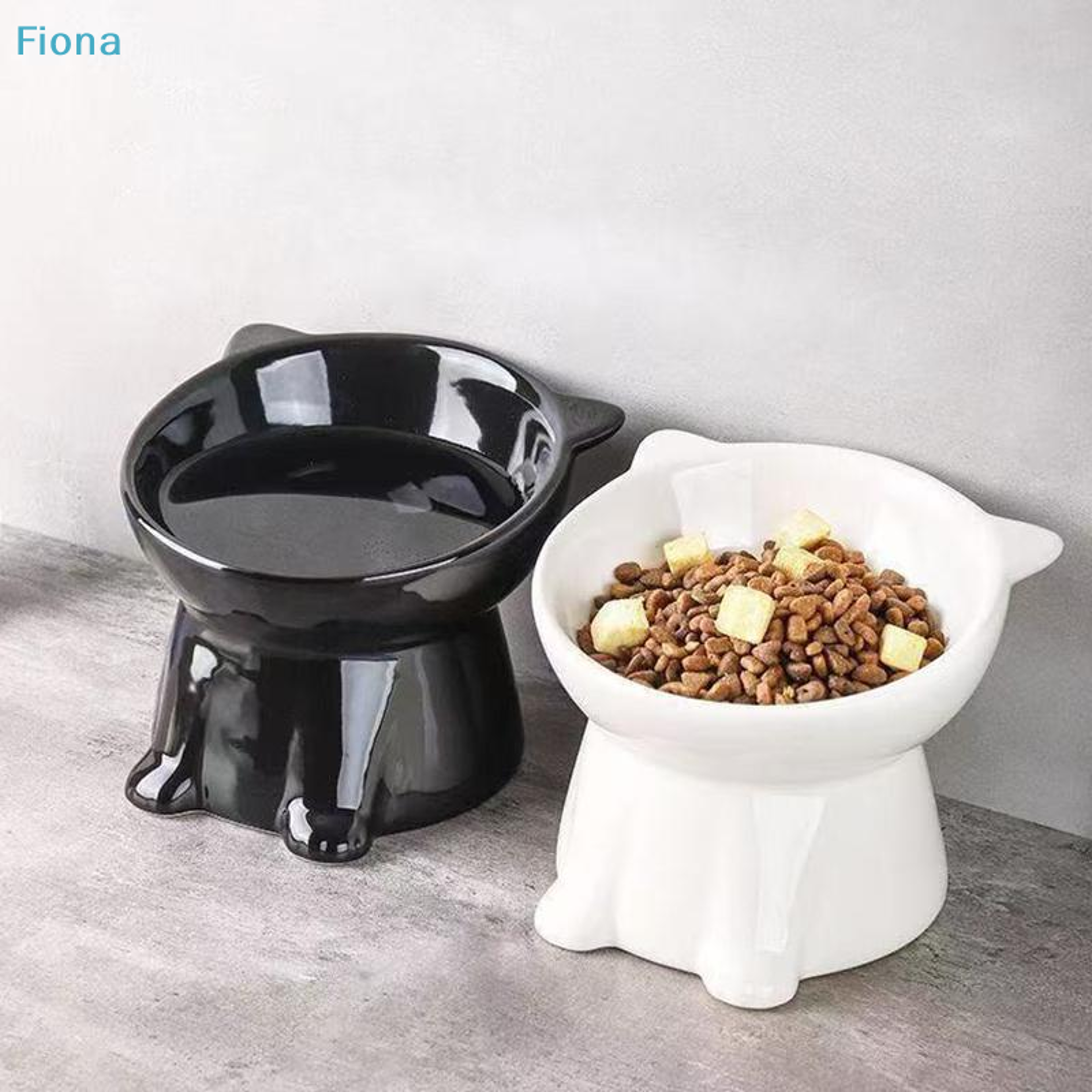 elevated ceramic cat ear bowl with tilted raised cat feeder