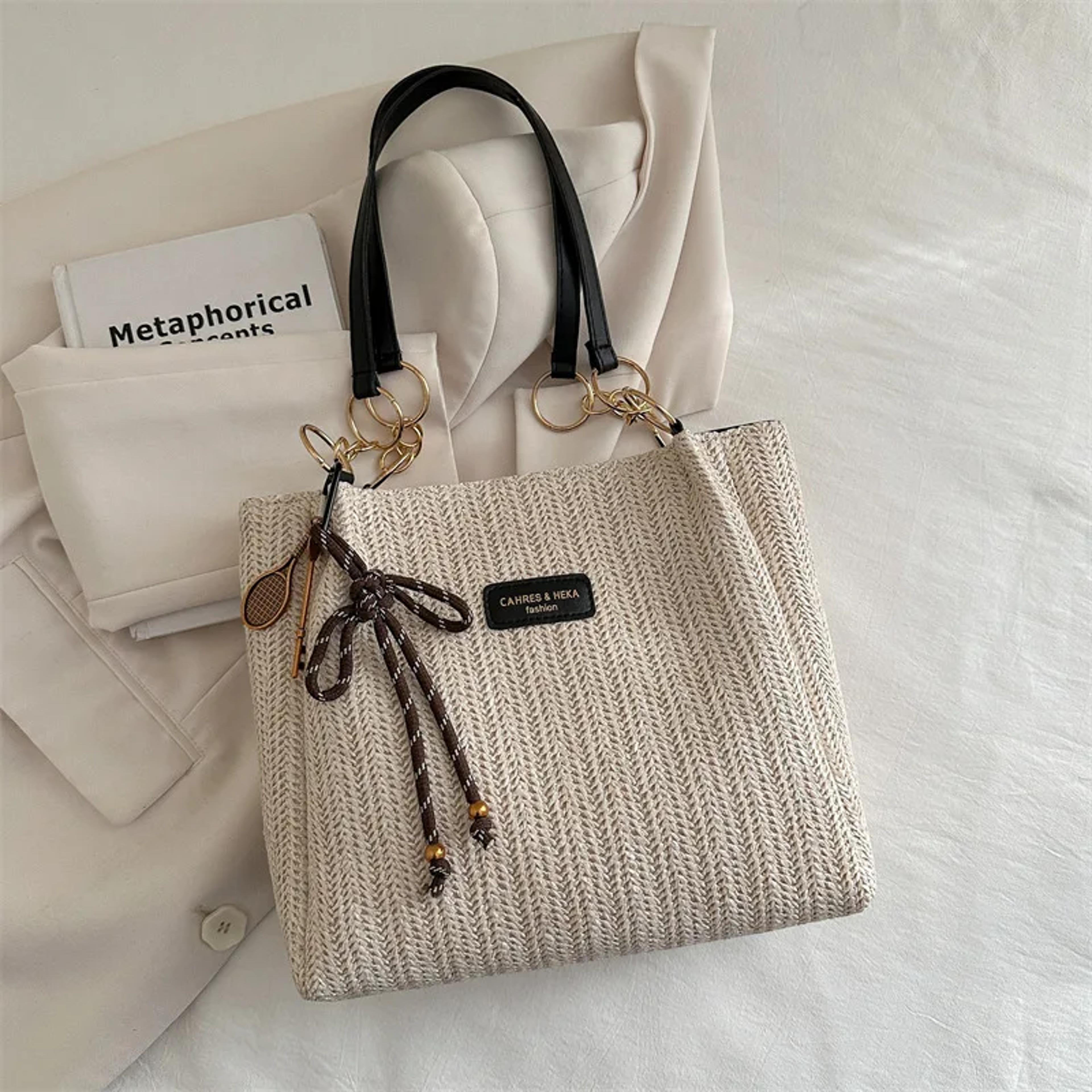 elegant straw tote bag woven beach shoulder bag for travel, shopping & everyday style