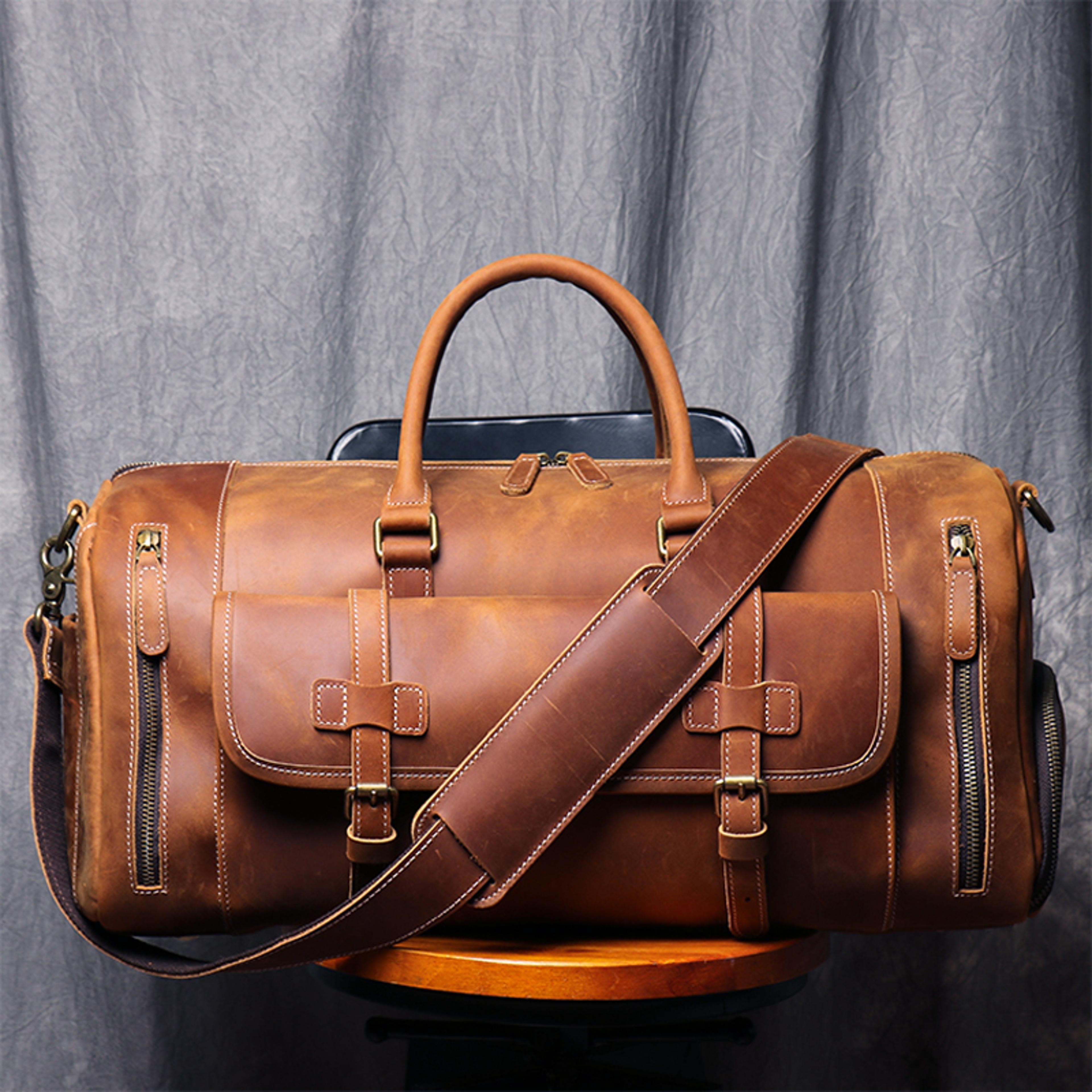 vintage genuine leather duffle bag large weekender travel bag for men