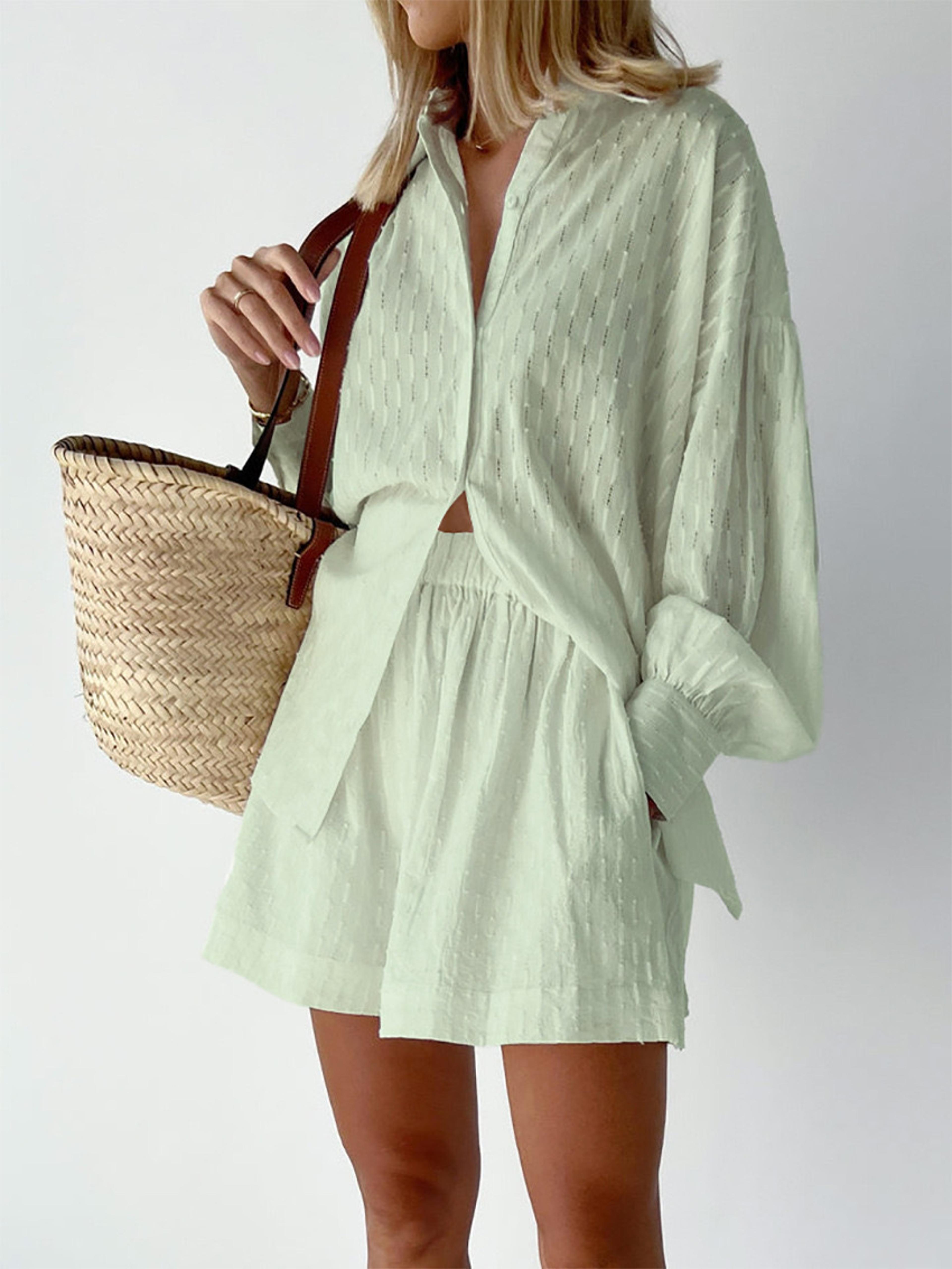 women's two piece cotton lounge set oversized muslin shirt and shorts for summer