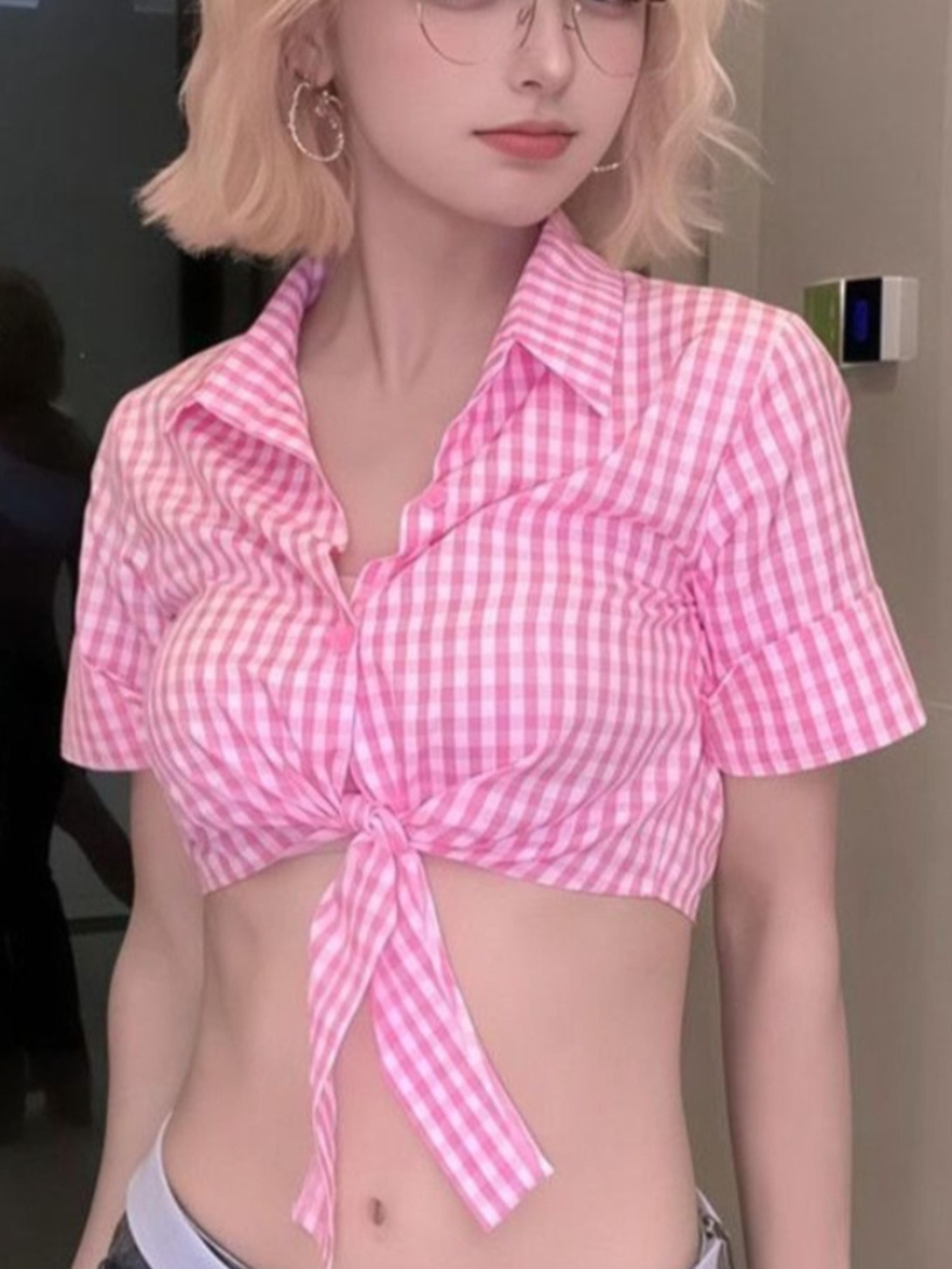 vintage pink plaid shirt for women slim fit long sleeve plaid top button up harajuku blouse