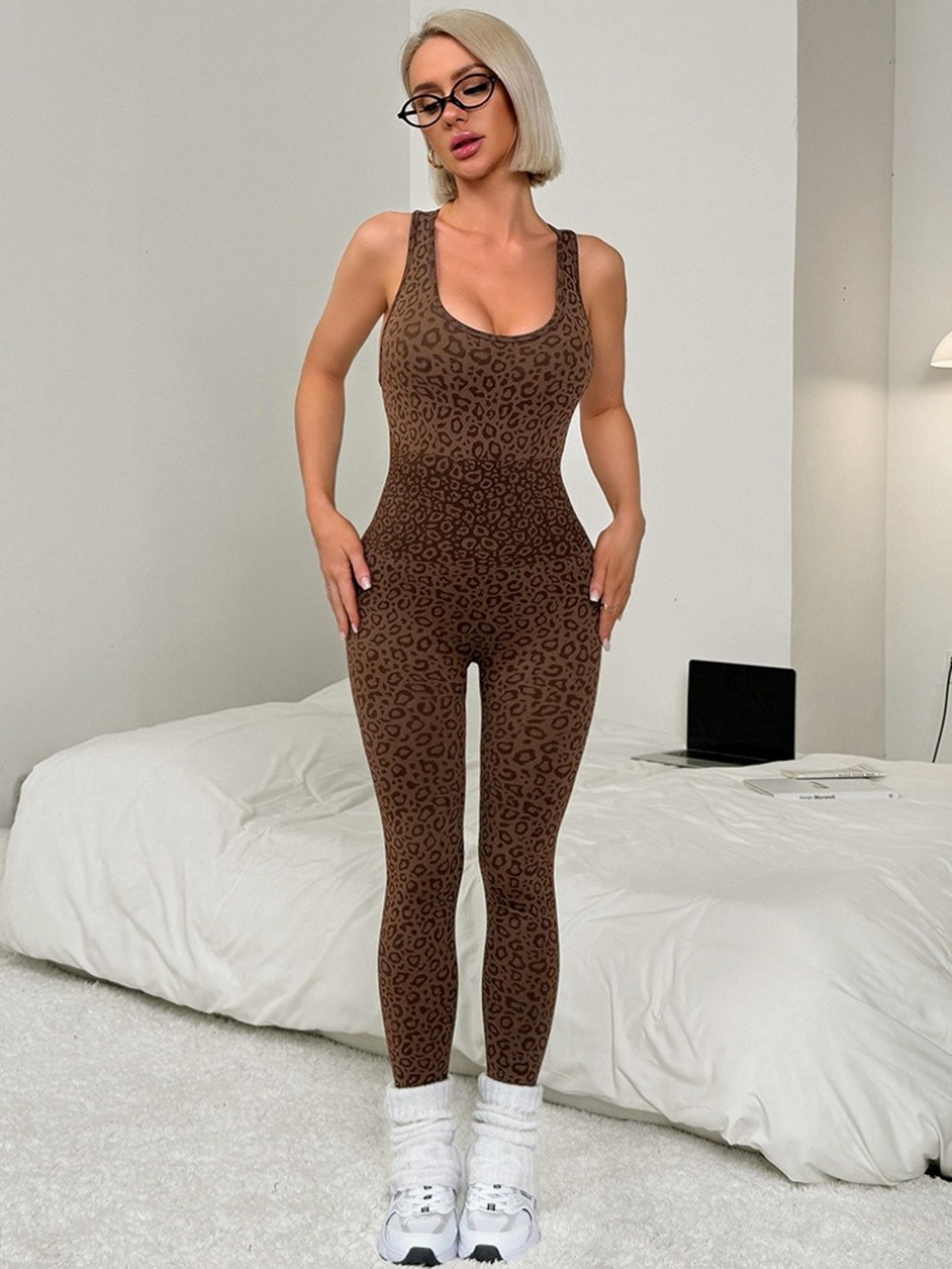 leopard print workout jumpsuit backless women's gym bodysuit one piece yoga outfit