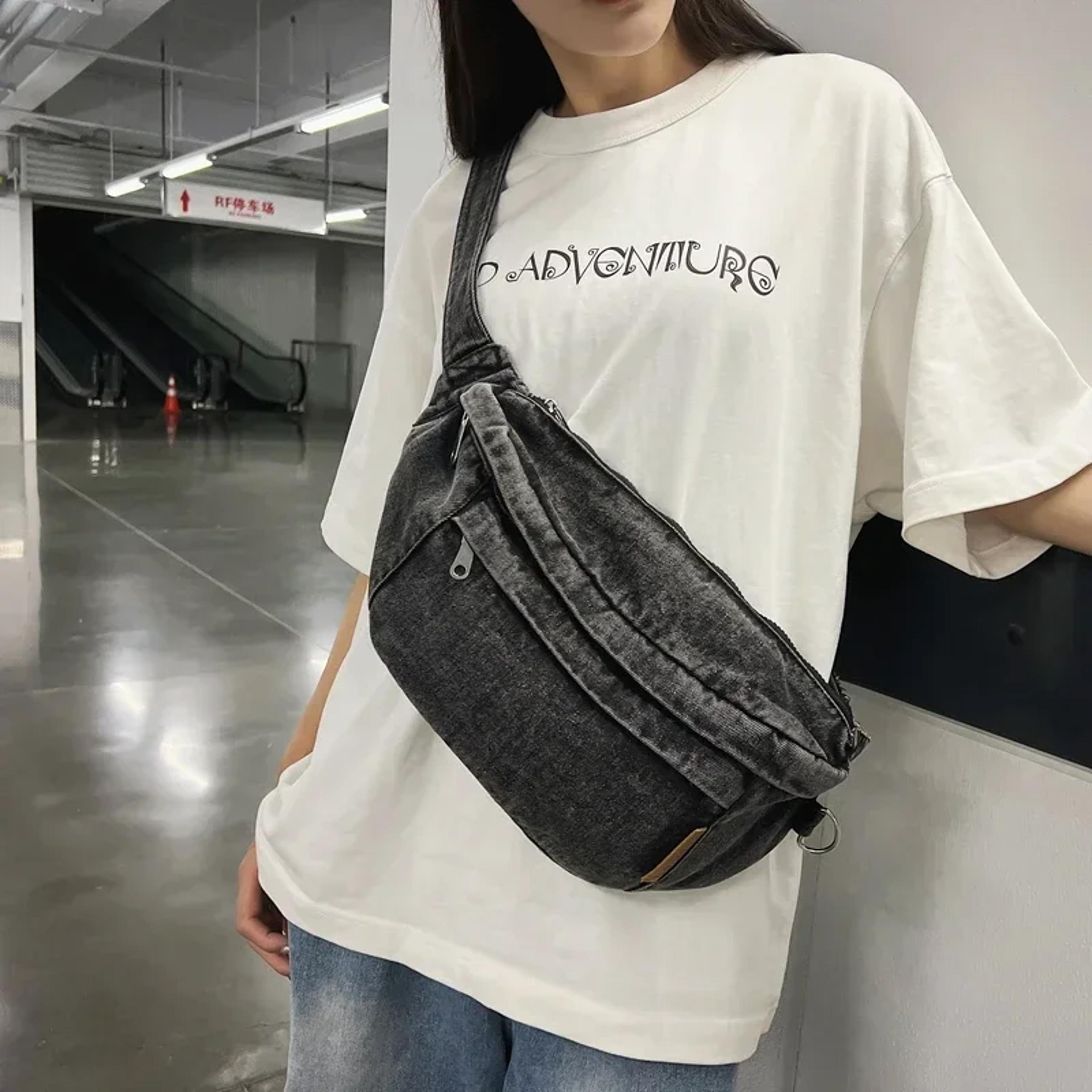 denim crossbody belt bag for women casual zipper waist sling purse