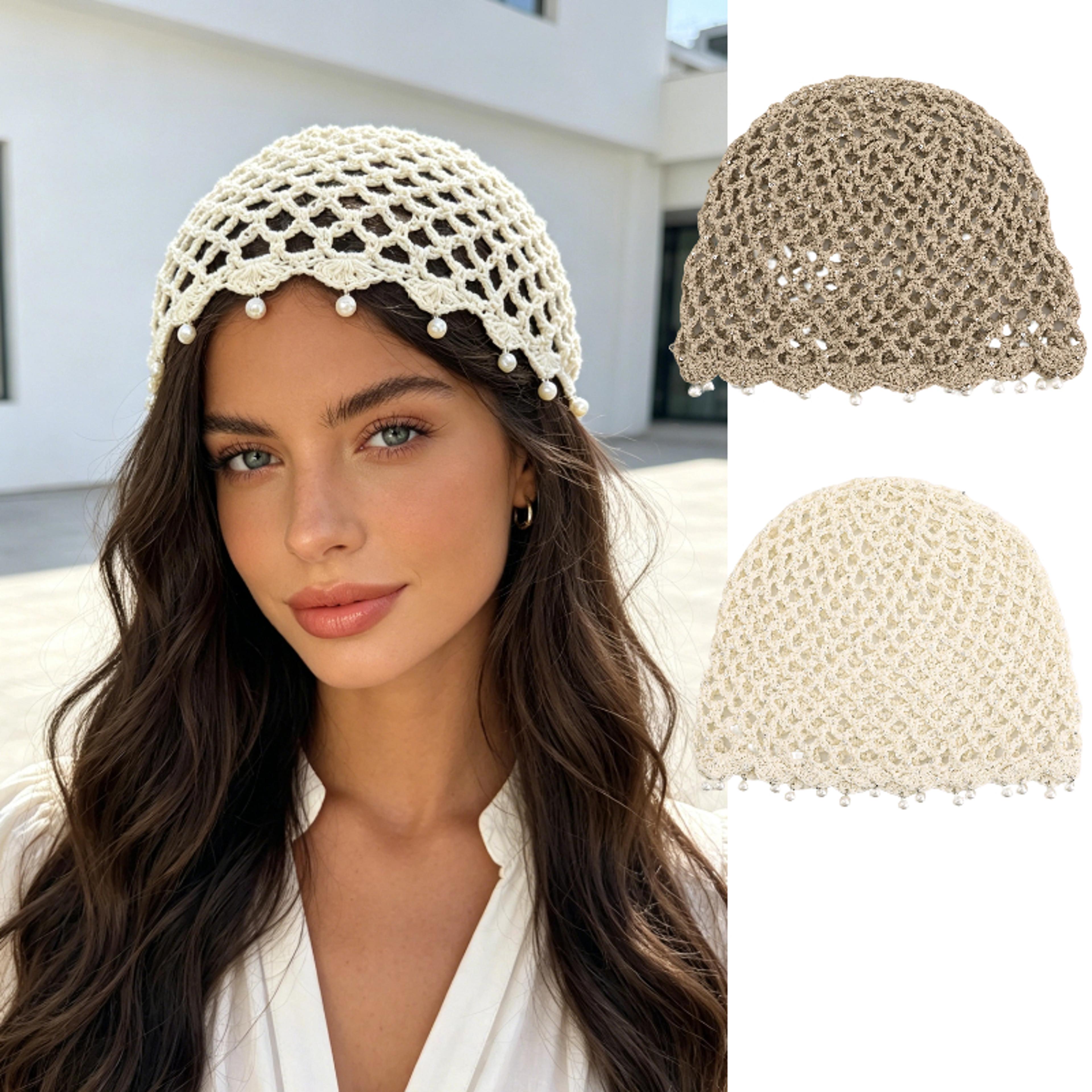 elegant pearl tassel crochet beanie hat for women stylish openwork knit headwear