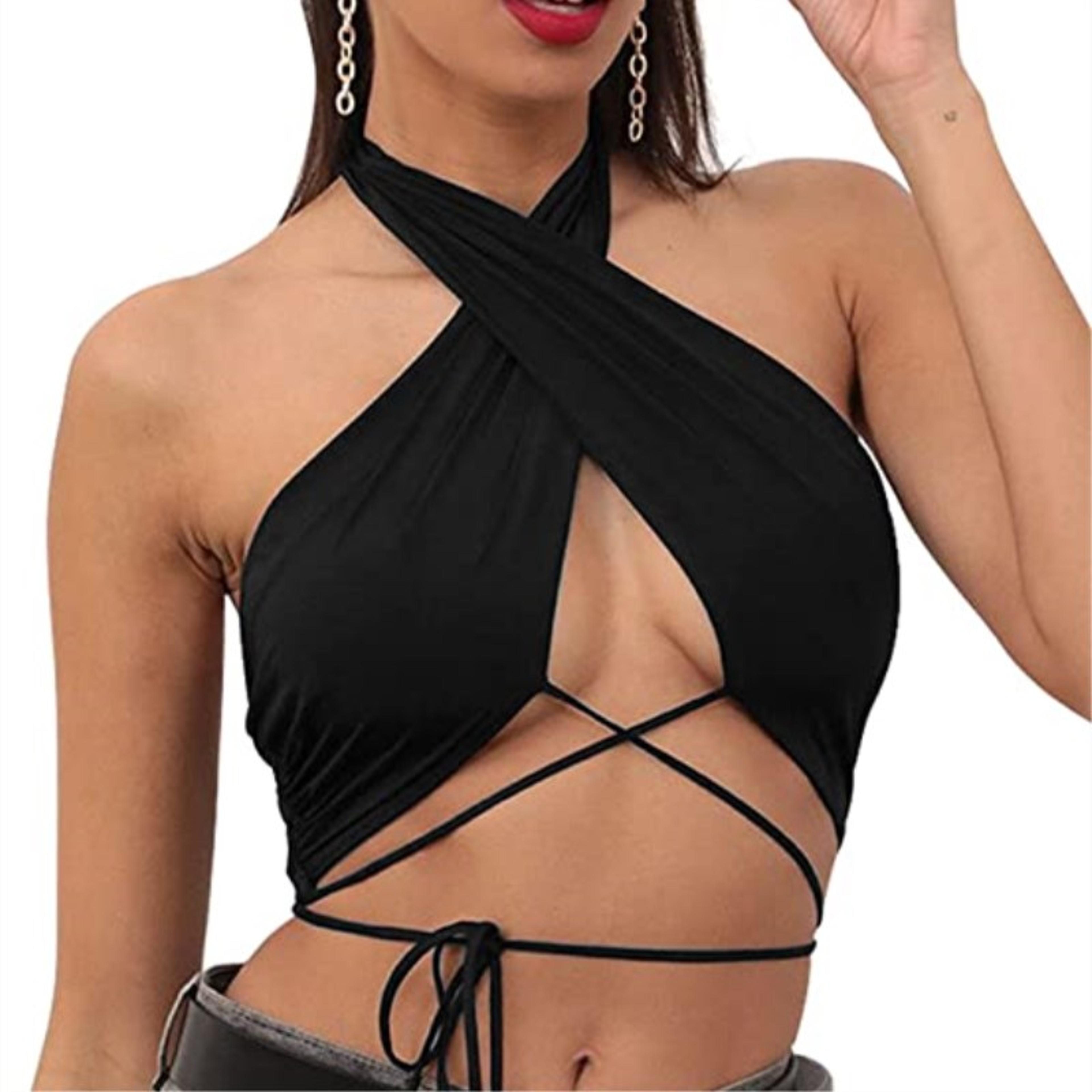 chic backless crop top for women – solid color halter crop top summer tank