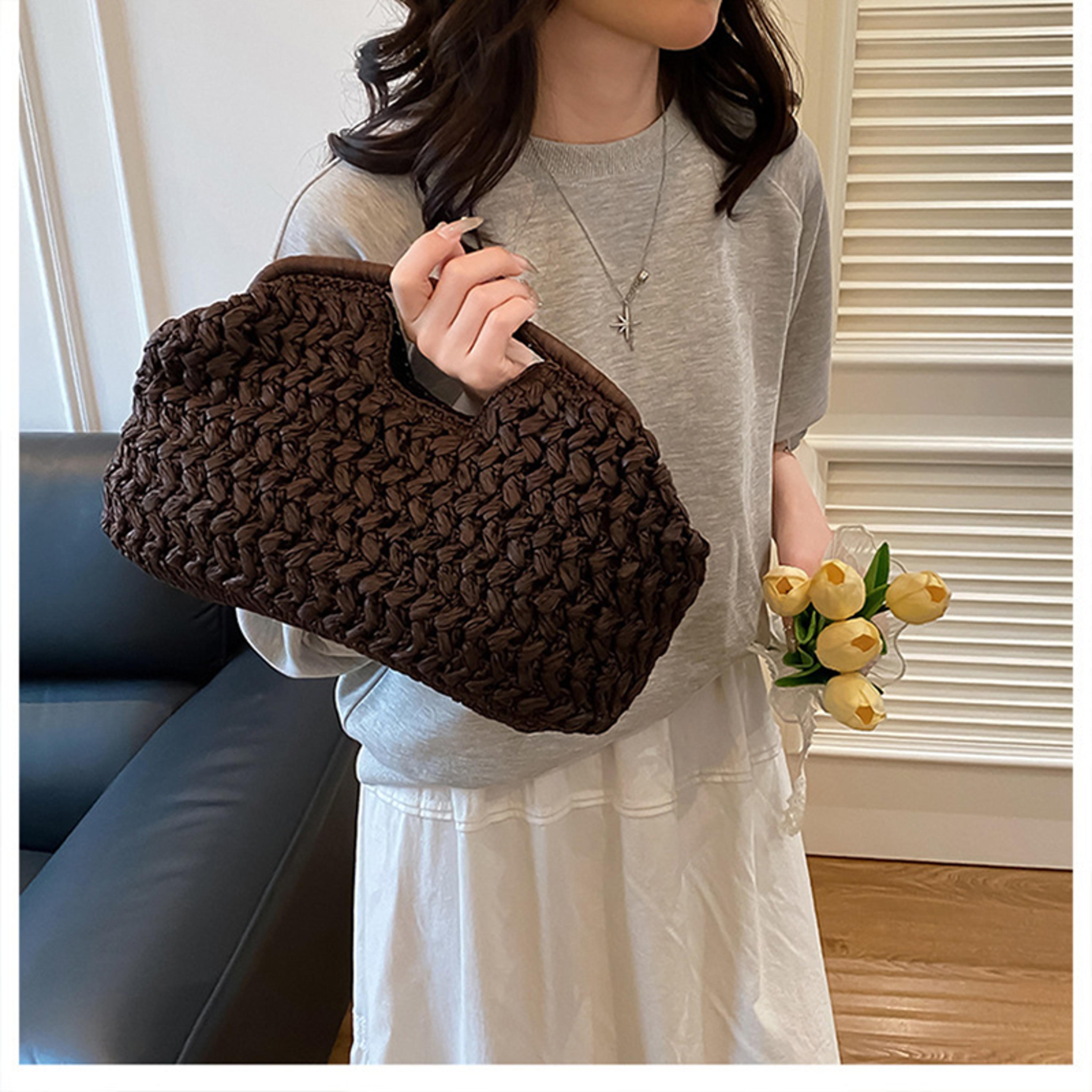 elegant straw handbag with chain strap | raffia crossbody beach shoulder bag for women