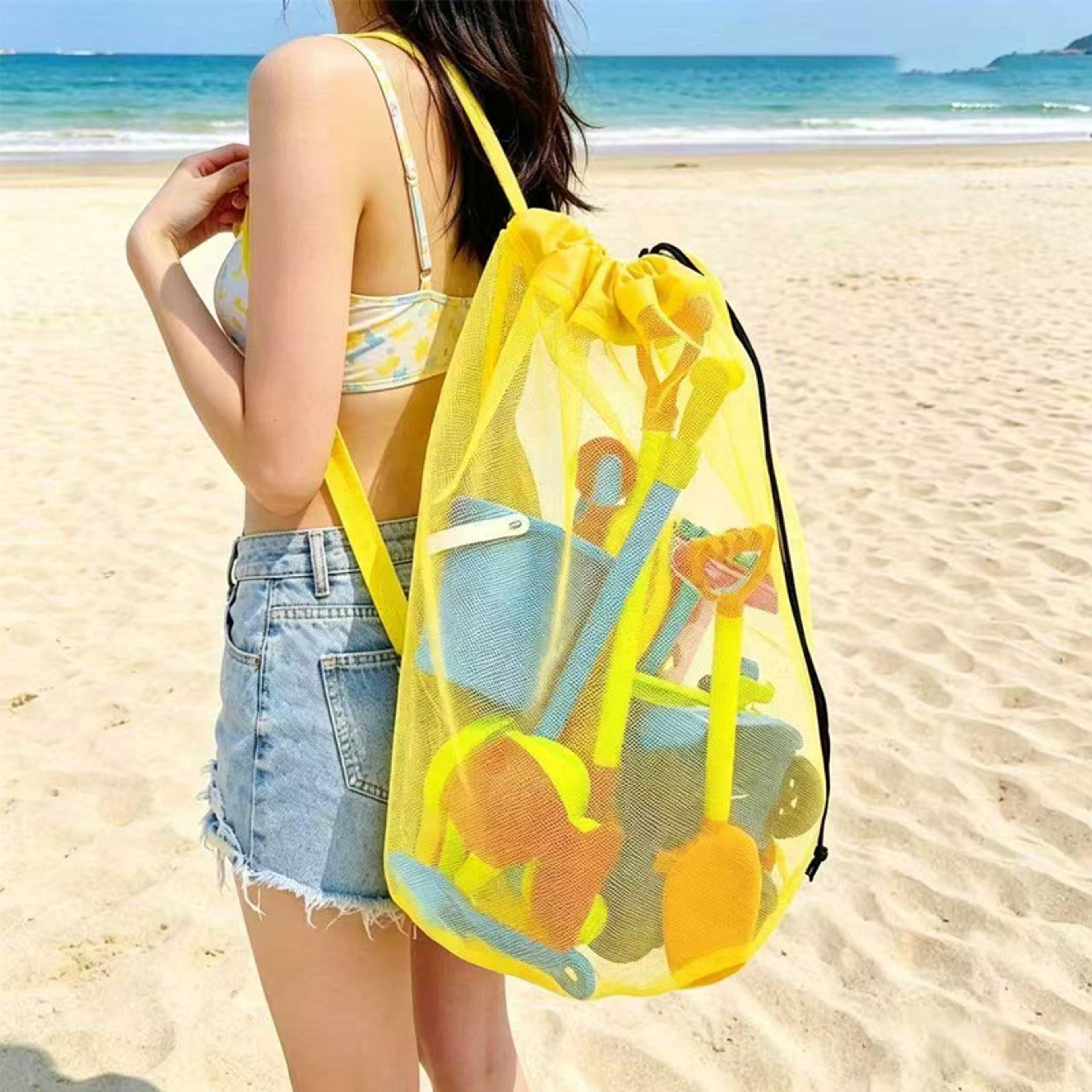 mesh beach bag drawstring backpack large capacity sandproof beach organizer