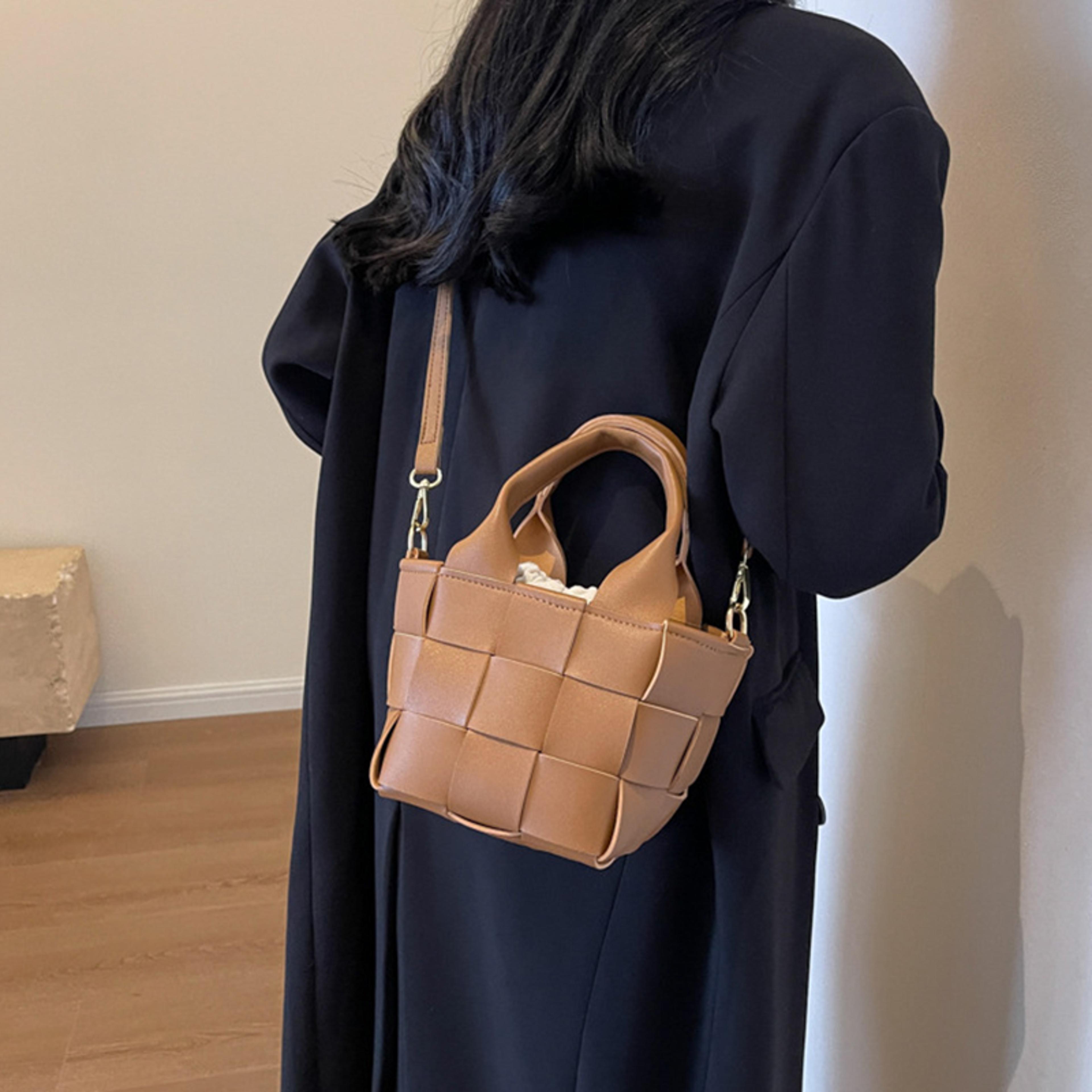 vintage woven bucket bag korean pu crossbody shoulder purse for women