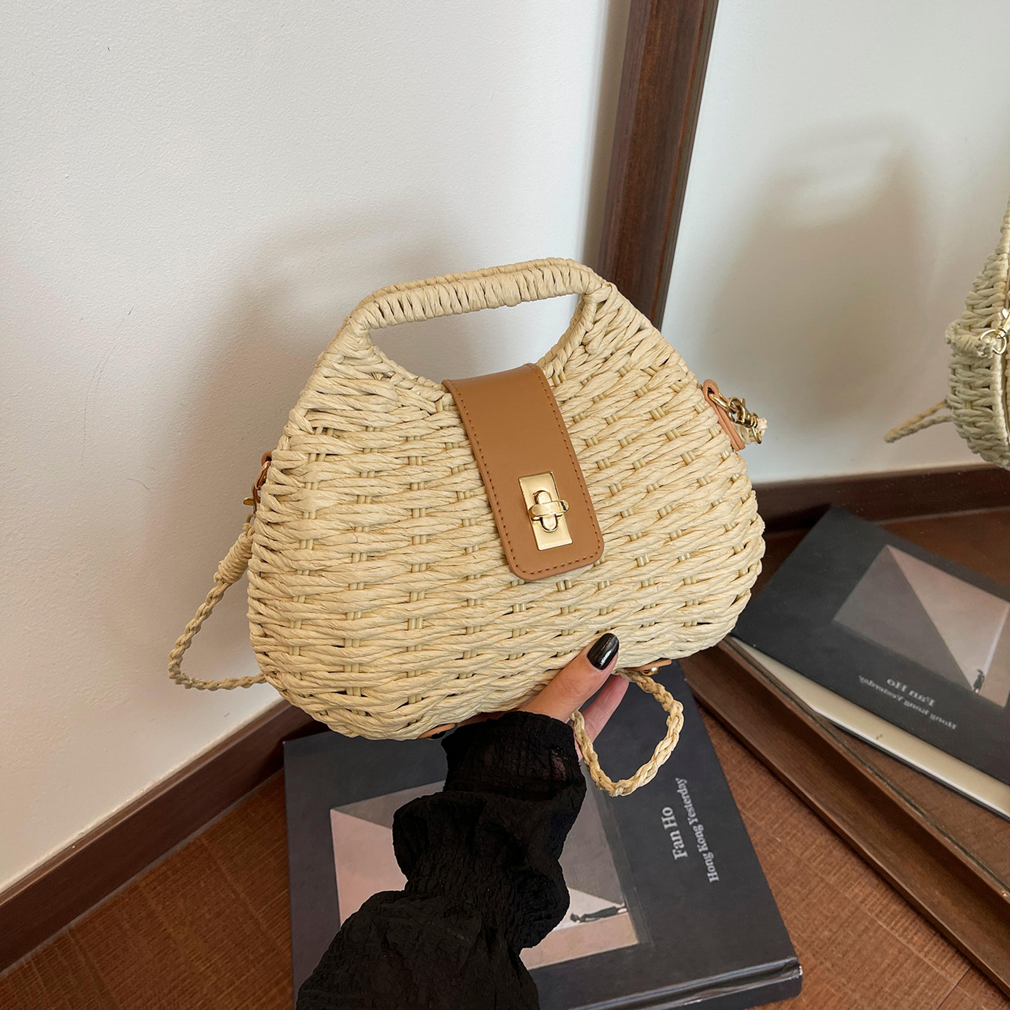 elegant straw beach bag woven crossbody rattan shoulder purse for summer travel