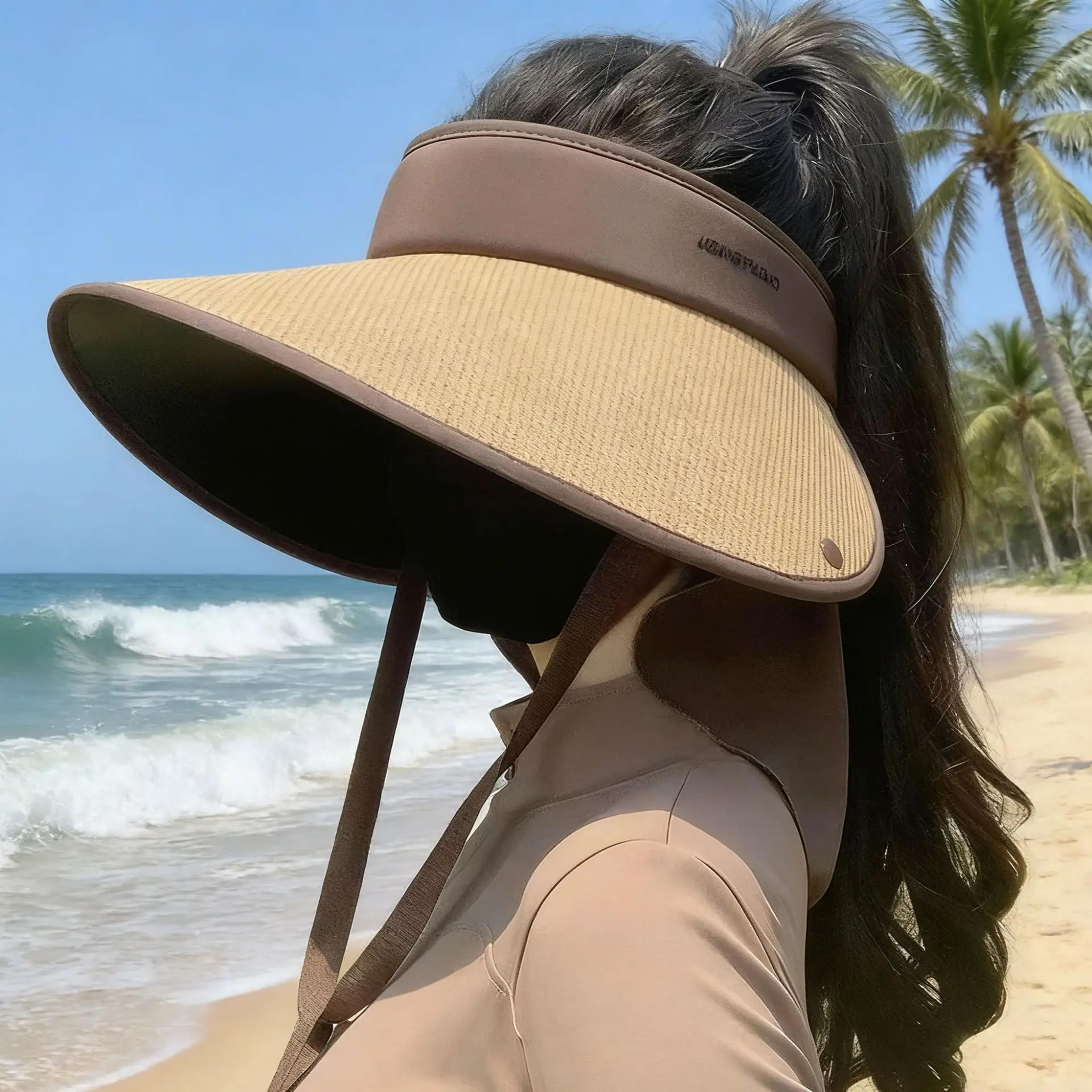 women's sun visor wide brim straw beach hat with neck cover & uv protection