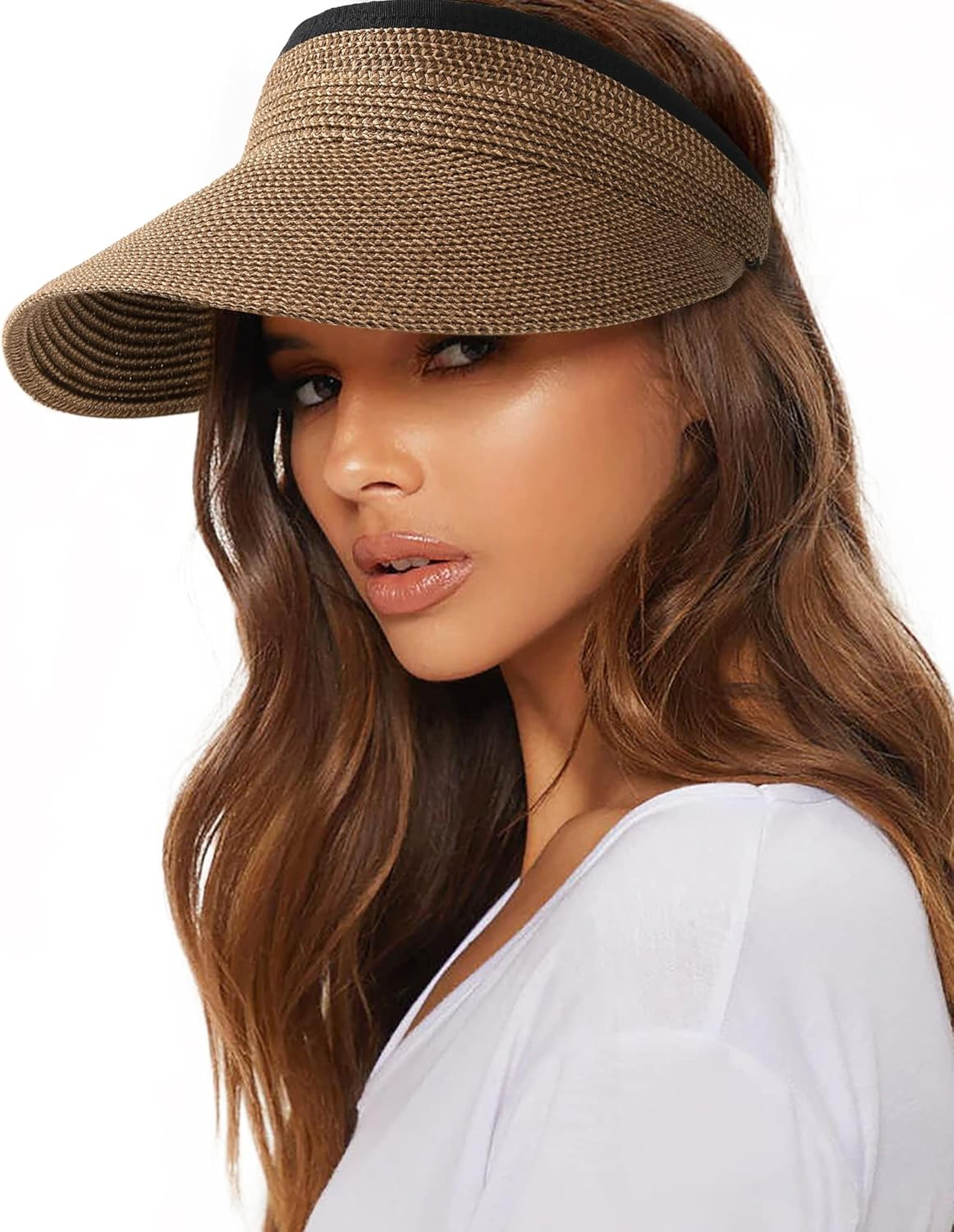 straw sun visor for women packable beach hat with ponytail opening