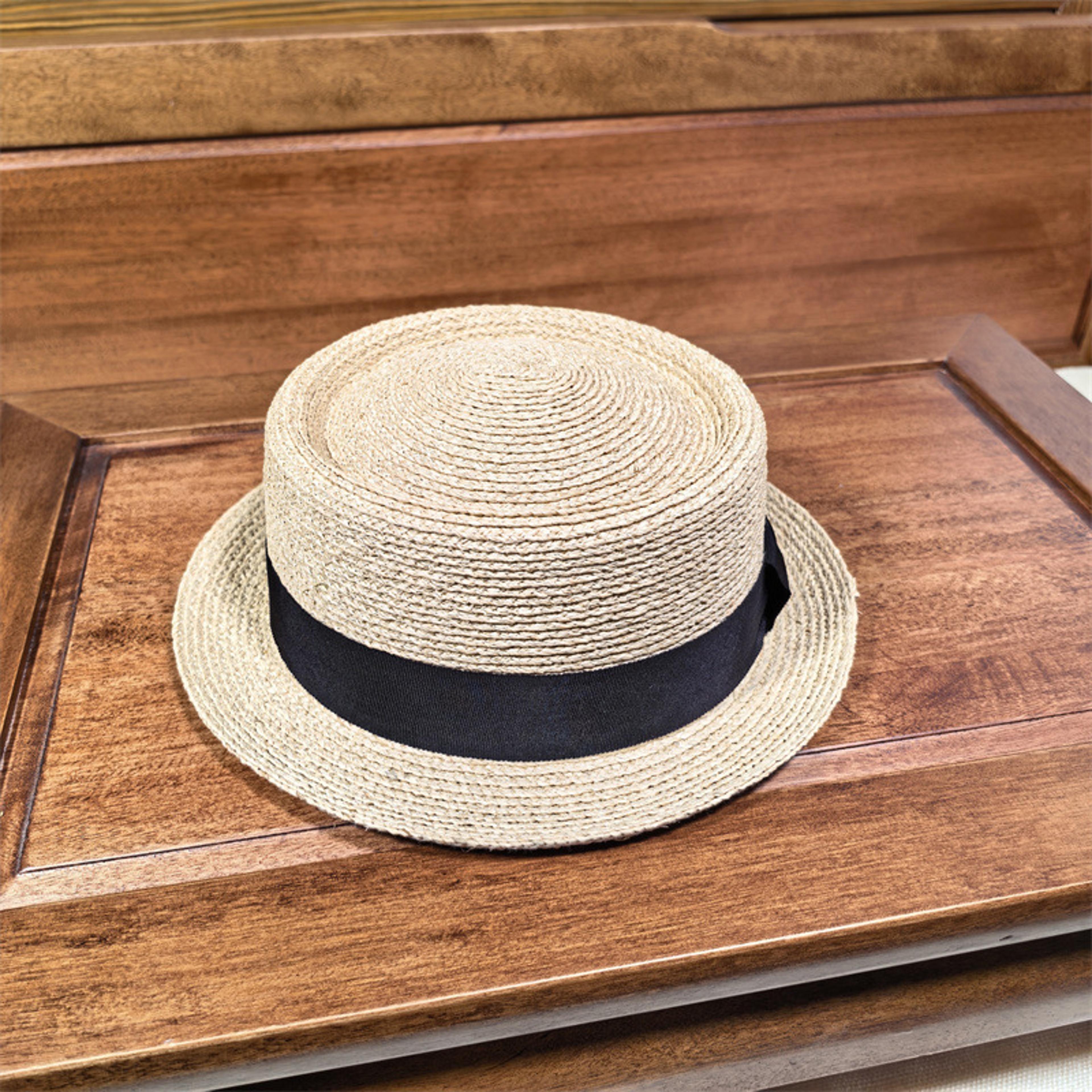 vintage straw boater hat with black ribbon flat top panama sun hat for women & men