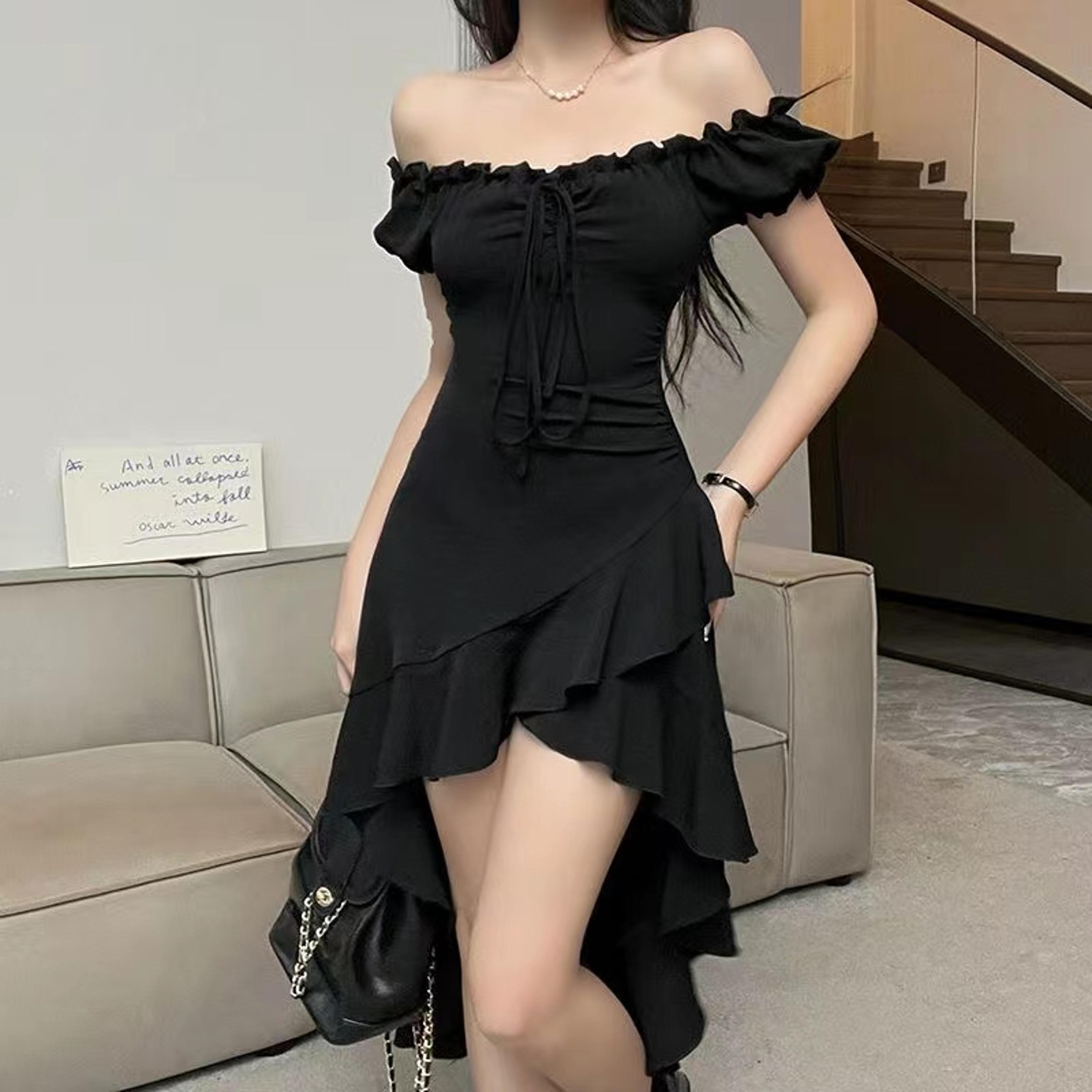 elegant off shoulder dress black midi a line ruffle party dress for women