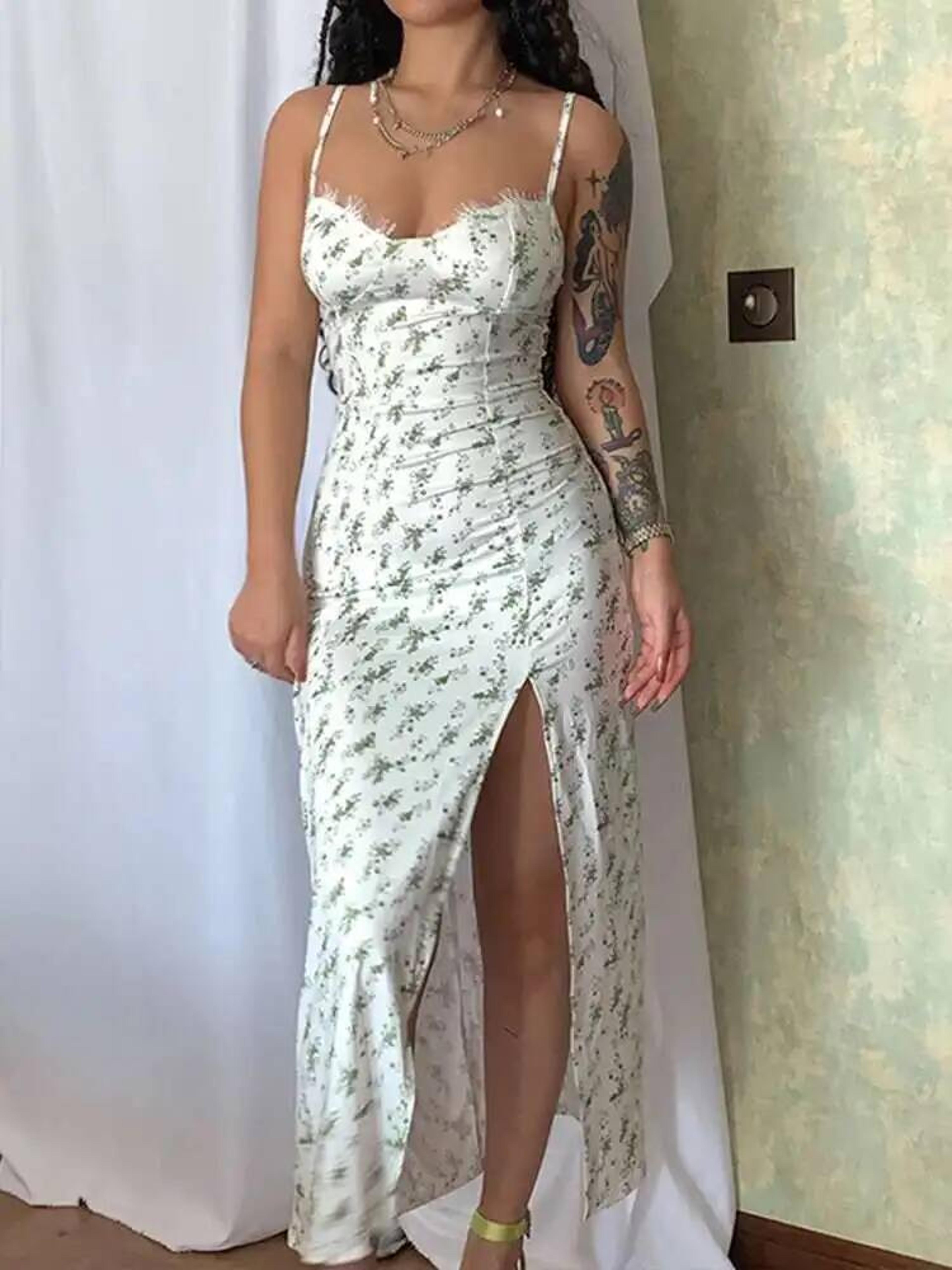 printed spaghetti strap dress bodycon midi high split summer party dress for women