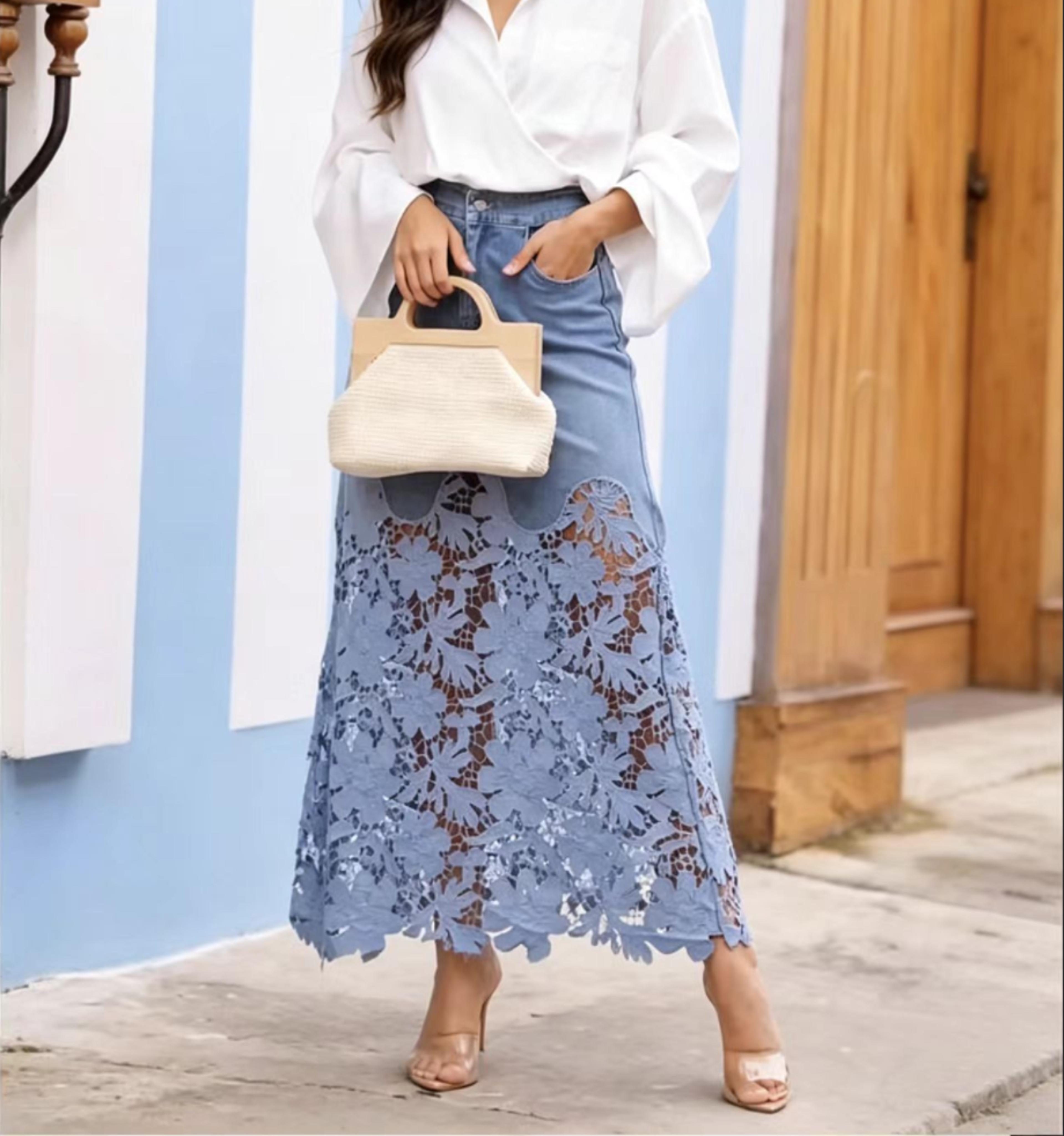 lace patchwork denim skirt with pockets high waist jean skirt for casual streetwear