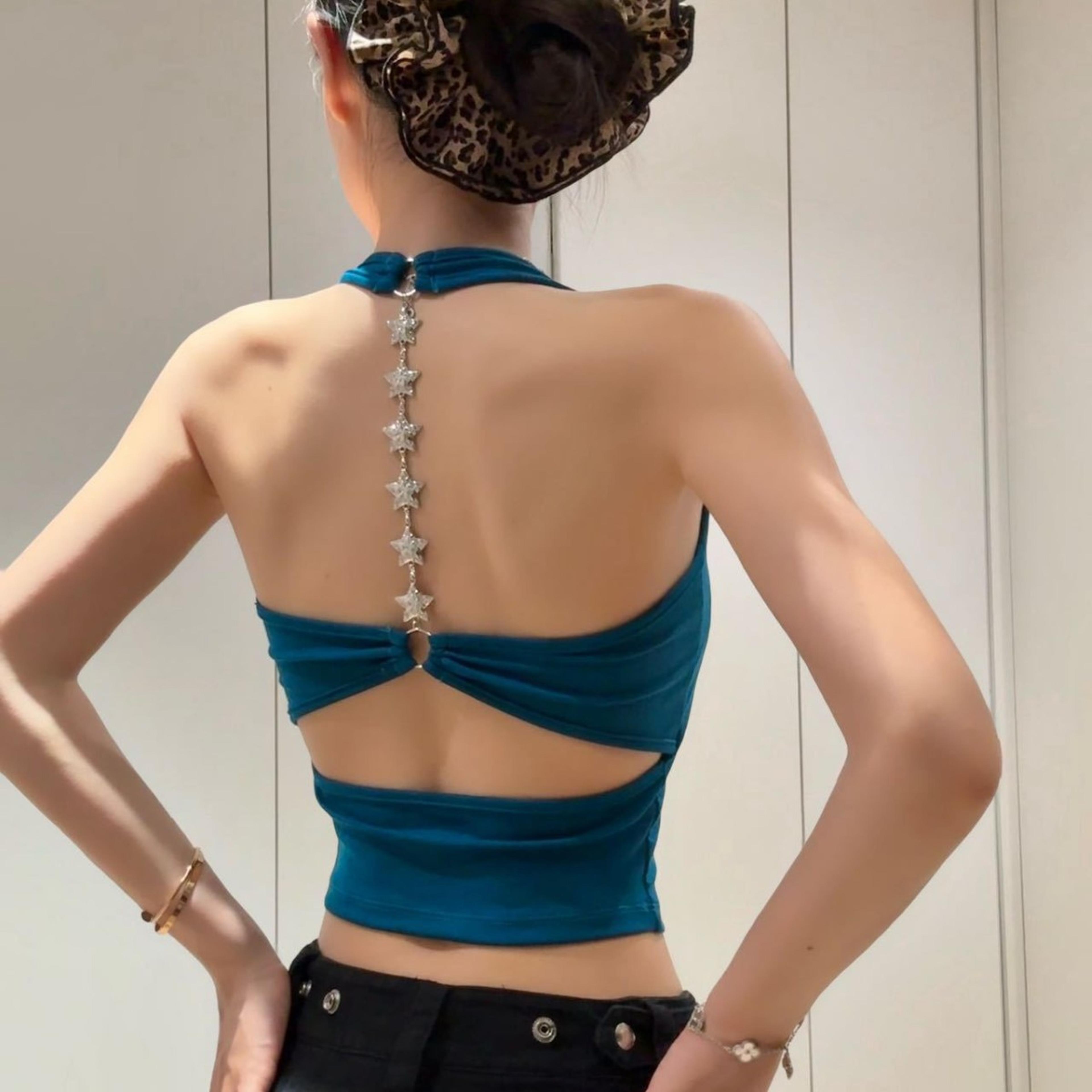 star chain backless halter top with built in pads breathable chain cami top for women