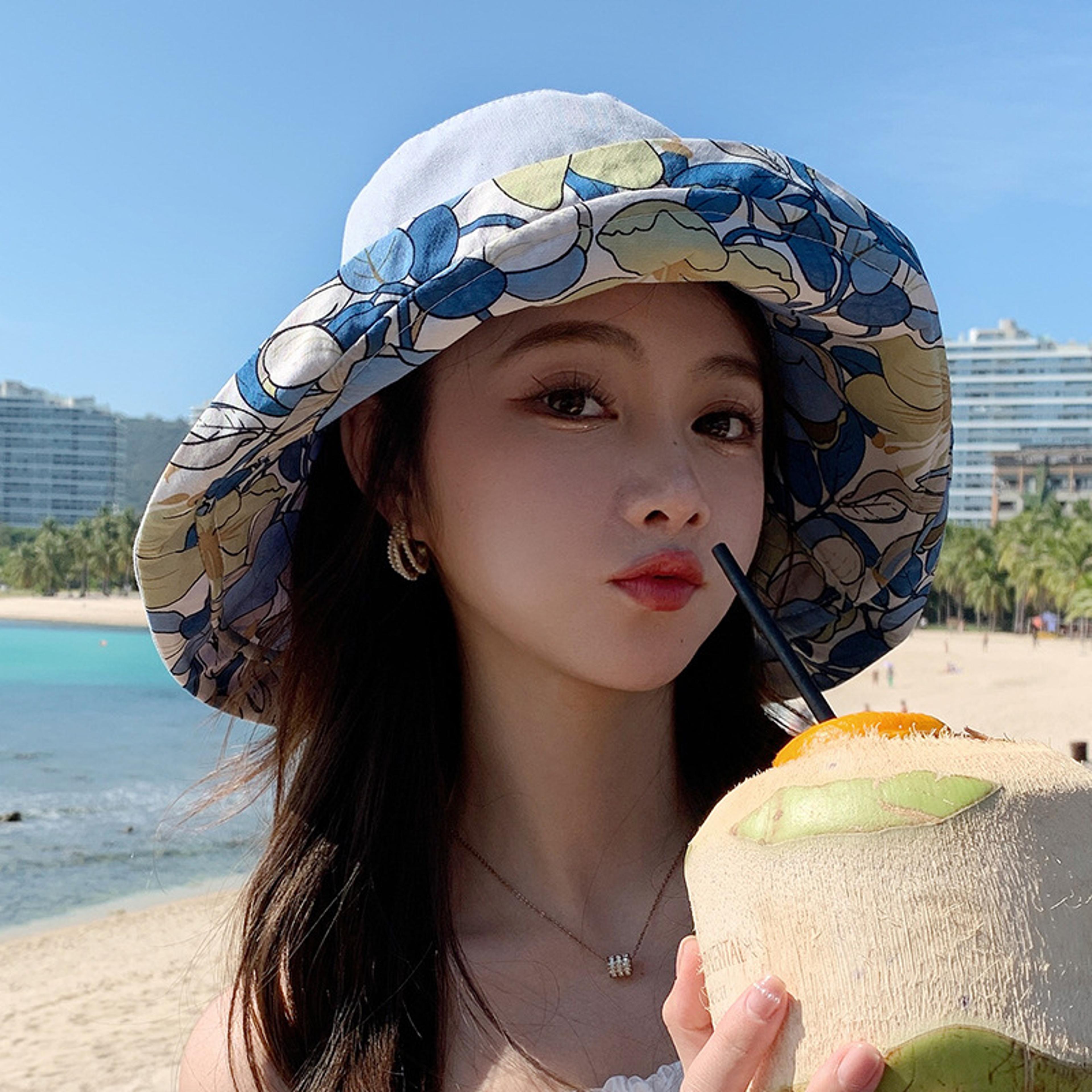 reversible women's sun hat wide brim cotton bucket hat for outdoor travel & beach